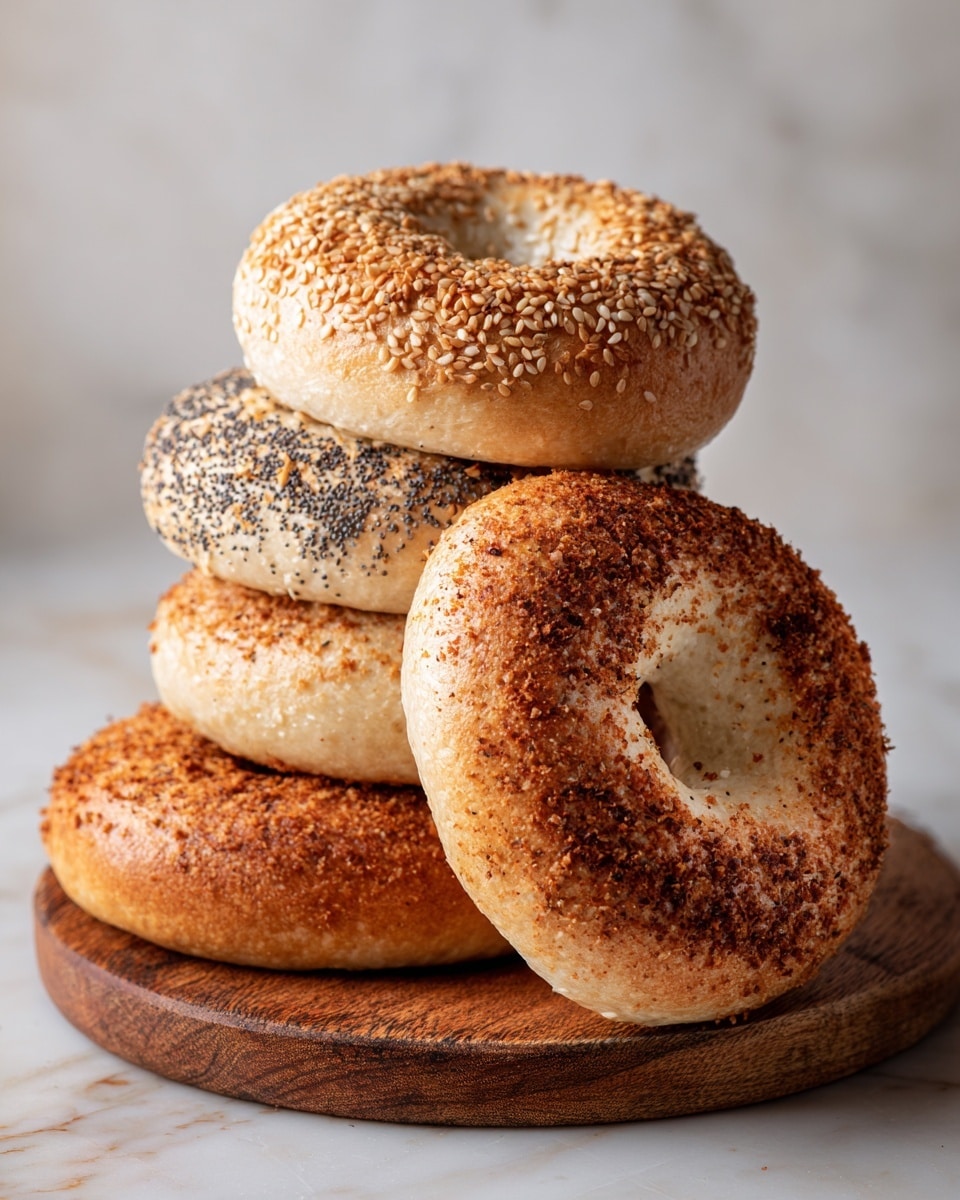 A close-up image of four bagels placed on a round wooden board, each bagel golden brown with a soft, slightly shiny crust. Two bagels are topped with a sesame seed mix, while the other two have a light sprinkle of seeds creating a textured look. The bagels have a well-defined hole in the middle and a slightly rough surface, indicating a crunchy outside. The board is set on a white marbled surface, adding a clean and bright background. The photo taken with an iphone --ar 4:5 --v 7