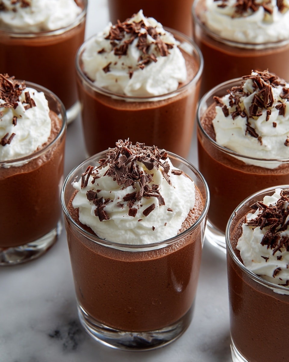 The image shows several clear glass cups filled with two layers: the bottom layer is a smooth, light brown chocolate mousse, and the top layer is a swirl of white whipped cream decorated with fine dark chocolate shavings evenly spread over both the mousse and cream. The cups are neatly arranged in rows, set on a rich black surface which is visible between the glasses. photo taken with an iphone --ar 4:5 --v 7