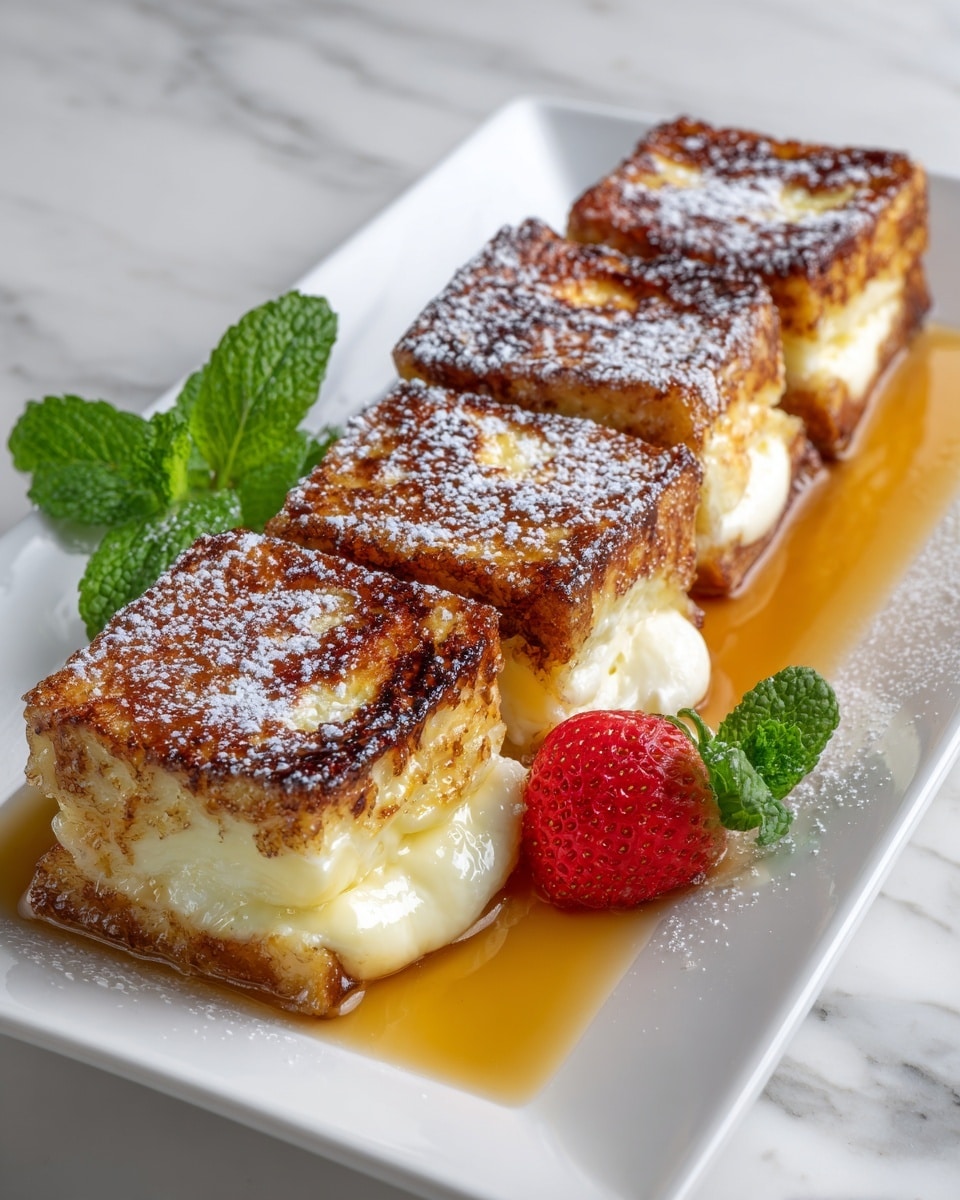 Four square pieces of toasted bread with a thick golden-brown caramelized top layer sprinkled lightly with powdered sugar sit in a shallow pool of amber syrup on a white plate. One piece is cut open, showing creamy, light yellow custard oozing out from the soft, spongy bread inside. To the side, a fresh red strawberry and a small green mint leaf add a pop of color. The plate rests on a white marbled surface. Photo taken with an iphone --ar 4:5 --v 7