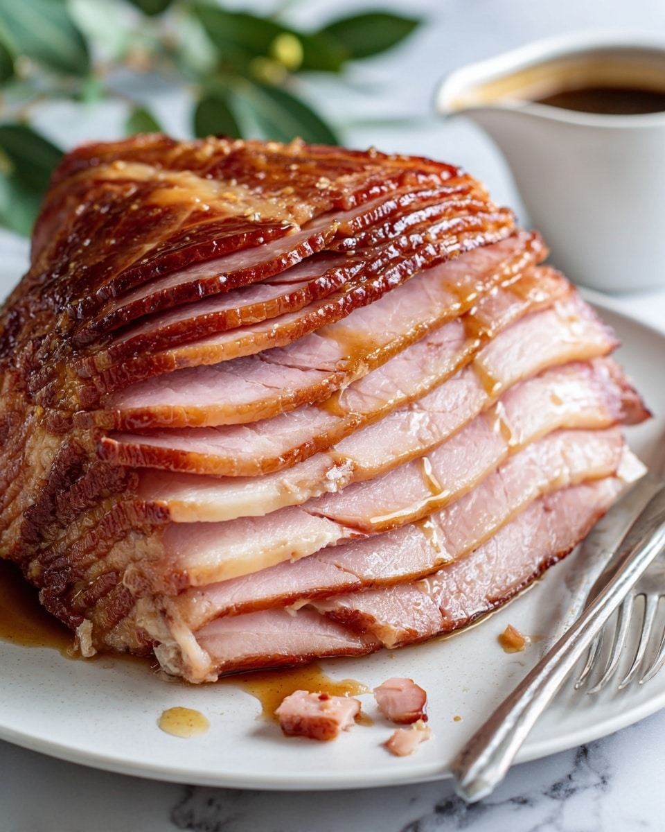 A close-up of a sliced cooked ham displayed on a white rectangular plate, showing multiple layers of light brown and pinkish meat with a slightly crispy texture on the edges, positioned to the right side of the image. A silver fork rests next to the ham on the plate's left side with some small bits of meat nearby. In the bottom left corner, part of a white gravy boat filled with dark brown sauce is visible. The setting is on a white marbled surface with a small green plant partially in view on the left. photo taken with an iphone --ar 4:5 --v 7