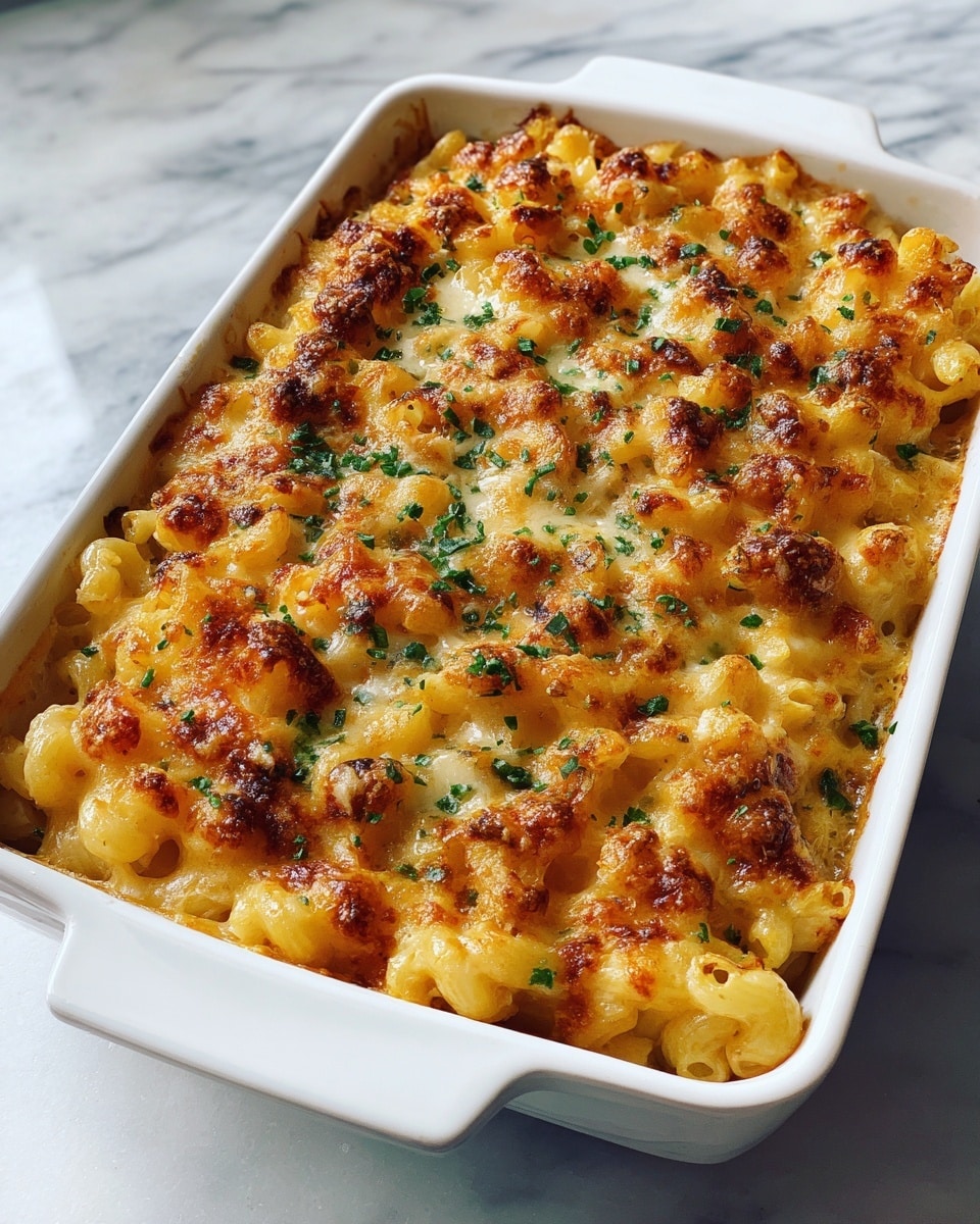 A white rectangular baking dish filled with a three-layered baked pasta dish. The bottom layer is a rich, chunky tomato sauce with bits of meat and herbs, the middle layer consists of folded golden pasta sheets, and the top layer is a melted cheese mix, slightly browned and bubbly, with toasted, slightly crispy spots and sprinkled with finely chopped green herbs. The dish appears warm and freshly baked, placed on a wooden surface with blurred background colors hinting at red onions. Photo taken with an iphone --ar 4:5 --v 7