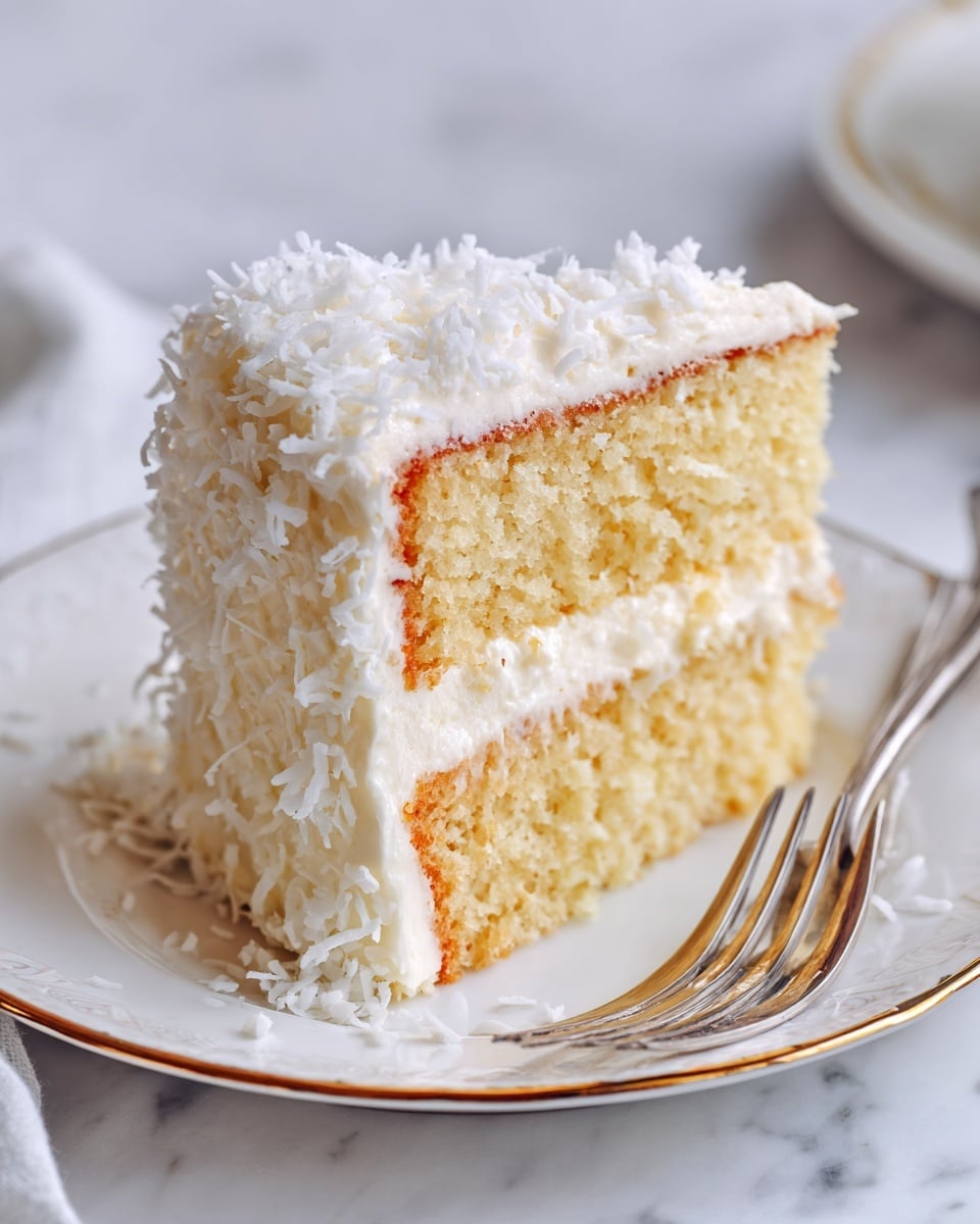 The image shows a single slice of cake on a simple white plate. The cake has two soft, light yellow layers filled with thick, fluffy white cream. The outside of the cake is also covered with a generous layer of white cream topped with shredded coconut. The texture looks very soft and creamy, and the shredded coconut adds a rough texture on top. The background features a white marbled surface, giving the scene a bright and clean look. photo taken with an iphone --ar 4:5 --v 7
