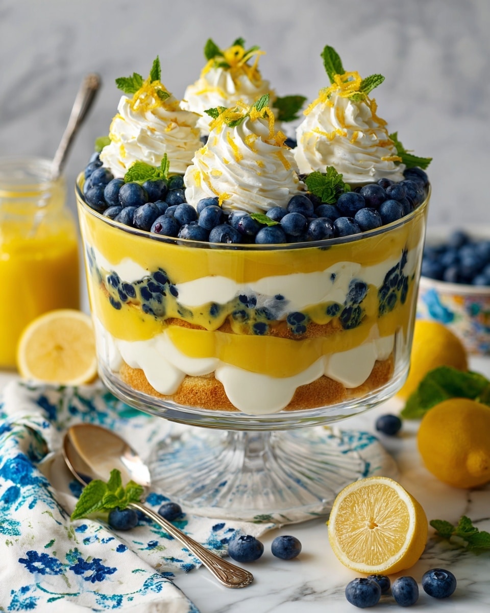 A tall clear glass trifle bowl shows an eight-layer dessert with alternating layers of light yellow creamy custard, golden sponge cake cubes, and dark blue blueberries. The bottom layer starts with custard mixed with blueberries, followed by a thick sponge cake layer, then a smooth custard layer with scattered blueberries inside. This repeats, finishing with a thick custard layer topped with a large layer of blueberries. On top, four swirls of white cream are evenly spaced, each decorated with lemon peel strips and a small green mint leaf. The bowl sits on a white marbled surface with some loose blueberries scattered around, a spoon and a blue and white patterned napkin nearby, and whole lemons and a glass jar with yellow liquid in the background. Photo taken with an iphone --ar 4:5 --v 7