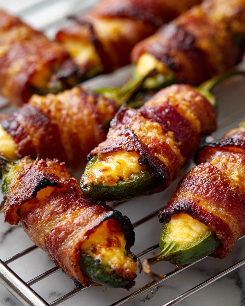 The image shows several jalapeño peppers tightly wrapped in crispy, golden-brown bacon with a slightly charred texture. Each pepper is stuffed with a creamy, light yellow filling that peeks out from the open ends of the peppers. The peppers are placed on a metal cooling rack with thin dark lines, resting on a white marbled surface. The bacon's crispy layers wrap around the shiny green pepper skin tightly, showing a mix of reddish-brown and dark brown tones. The overall look is crunchy, flavorful, and inviting, suggesting a hot, freshly cooked snack. Photo taken with an iphone --ar 4:5 --v 7