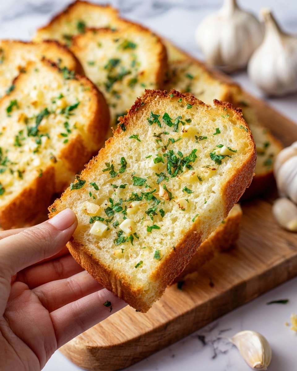 A close-up view of a single slice of garlic bread held by a woman's hand, showing a golden crust with a lightly toasted texture. The surface of the bread is covered with small pieces of finely chopped garlic and bright green parsley, with some melted butter soaked into the soft, slightly glossy center. Behind the slice, several more pieces of garlic bread are stacked on a wooden board, all with a similar golden color and herb topping. The background has a white marbled texture with scattered parsley flakes and two bulbs of garlic nearby, enhancing the fresh, homemade look. Photo taken with an iphone --ar 4:5 --v 7