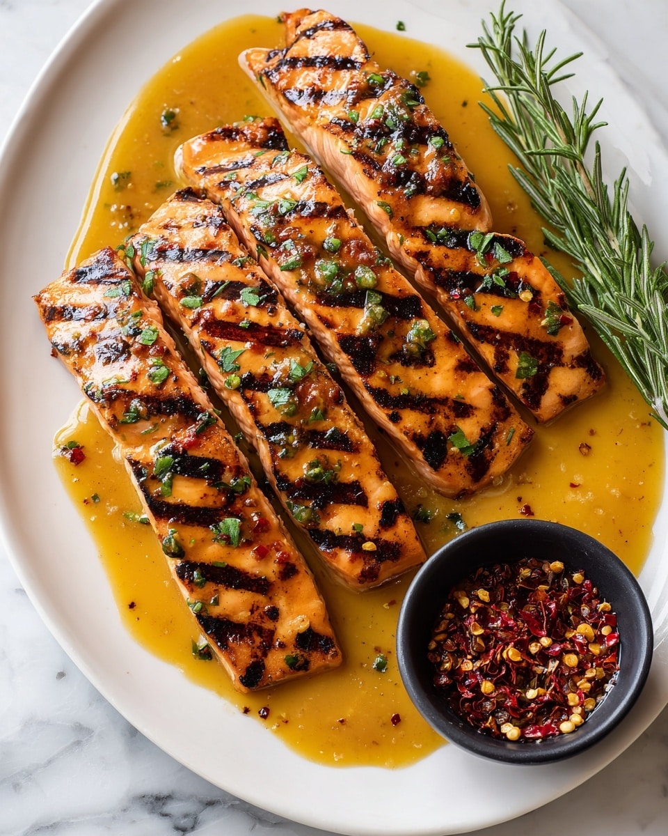 The image shows four grilled salmon fillets arranged in a single row on a white plate. Each fillet has clear dark grill marks running diagonally across its orange-pink surface, with a shiny, caramelized glaze coating them. Small green herb pieces sprinkle over the fillets, adding contrast. To the right of the salmon, a small black bowl holds red chili flakes. A green rosemary sprig lies beside the bowl on the white marbled surface below the plate. The light reflects softly on the glazed fish, making the dish look juicy and flavorful. photo taken with an iphone --ar 4:5 --v 7
