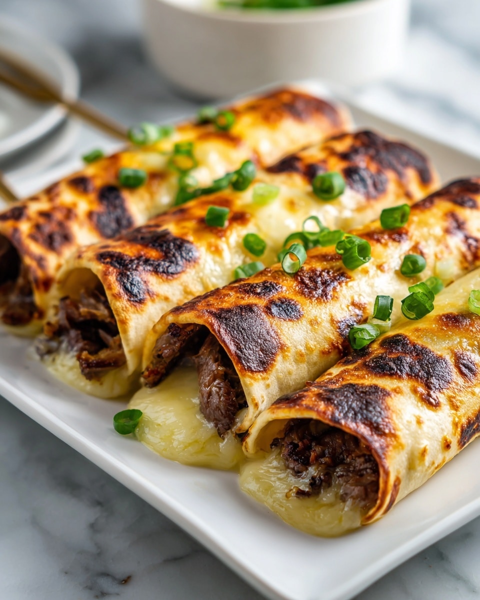 The image shows three rolled crepes placed side by side on a white rectangular plate with a white marbled texture beneath. Each crepe has a golden-brown, lightly crisped outer layer with visible char marks. Inside, there are visible layers of melted white cheese and pieces of cooked beef that appear juicy and tender. The crepes are sprinkled with chopped green onions, adding a pop of fresh green color on top and around the plate. In the blurry background, a small white bowl with a side dish is partially visible. photo taken with an iphone --ar 4:5 --v 7