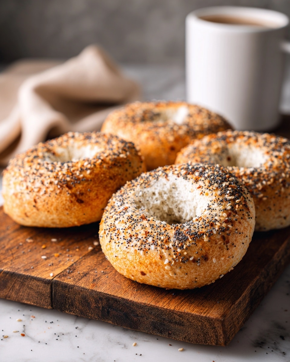 Four toasted bagels are placed on a rough wooden board, each bagel showing a golden-brown crust with a crispy texture. The tops of the bagels are speckled with black poppy seeds and small bits of cheese that have browned slightly, giving a crunchy feel. The inside of the bagels is soft and light, visible through the central hole. The scene is set on a white marbled surface with a blurred white cup in the background, creating a warm and inviting atmosphere. Photo taken with an iphone --ar 4:5 --v 7