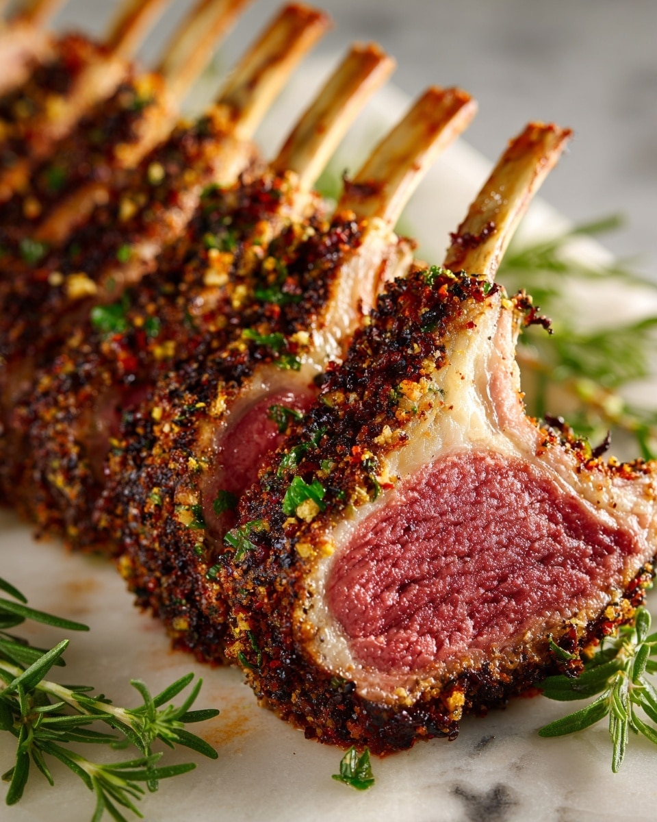 A close-up image of a rack of lamb with eight ribs, cooked to medium rare with a pink center and a browned crust. The top layer is covered with a green herb crust, likely made of rosemary and parsley, adding texture and a touch of green color. The ribs are cleanly trimmed and evenly spaced, set on a white marbled surface with a sprig of fresh rosemary underneath. The lighting highlights the juicy texture of the meat and the crunchy herb topping. Photo taken with an iphone --ar 4:5 --v 7
