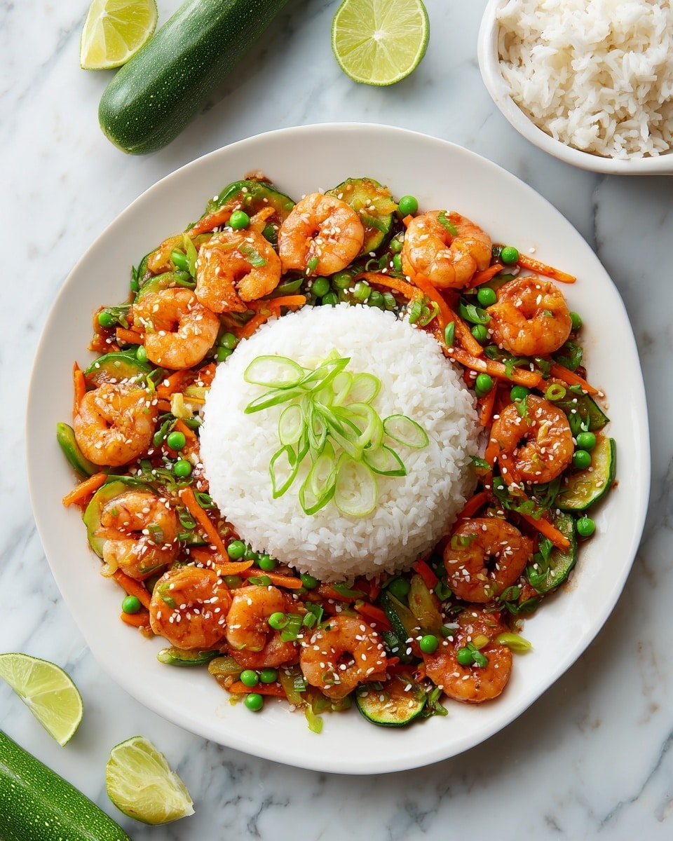 A round white mound of steamed rice topped with thinly sliced green onions sits in the center of a white plate, surrounded by a vibrant ring of shrimp stir-fried with mixed vegetables including orange carrot strips, green peas, and light green zucchini slices, all coated in a glossy sauce and sprinkled with white sesame seeds and more green onions. The plate rests on a white marbled surface with partially visible lime wedges nearby. Photo taken with an iphone --ar 4:5 --v 7