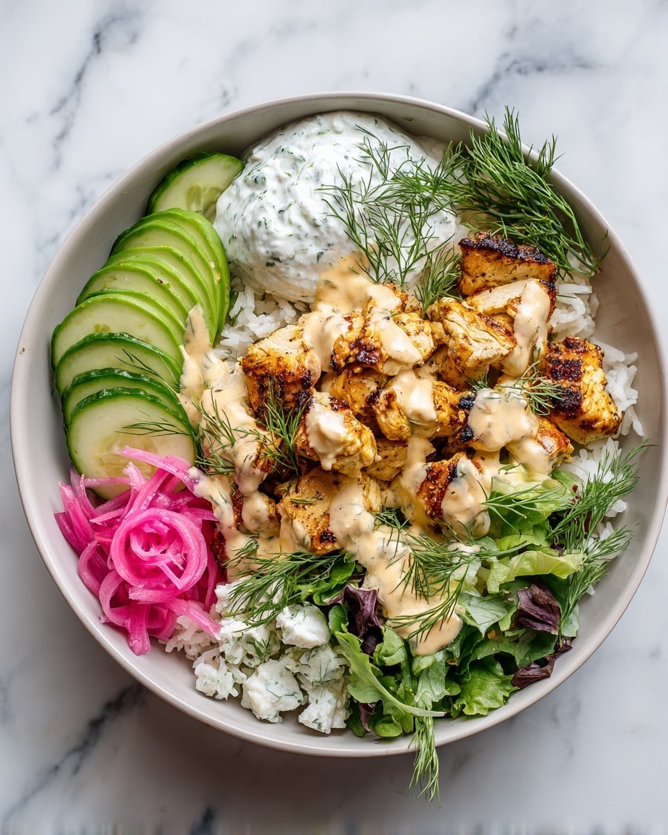 A white bowl holds a colorful dish with four main layers. The bottom layer is white rice, partly covered by bright green avocado slices on the left side. Above the rice and avocado are grilled chicken pieces with a charred brown and golden color, spread across the top center and right. Thin cream-colored sauce is drizzled over the chicken along with small green dill leaves. Around the edges of the bowl are fresh green lettuce and cucumber slices on the bottom left, white crumbled cheese next to the cucumber, and pale purple pickled red onions on the bottom right. A dollop of white yogurt is on the top right side under the sauce, sprinkled lightly with dill. The bowl sits on a white marbled surface. photo taken with an iphone --ar 4:5 --v 7