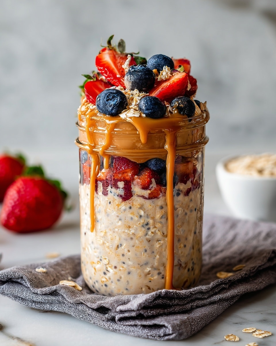 A clear glass jar filled with a creamy mixture of oats and chia seeds, dotted with pieces of dark blueberries and red strawberries visible inside. The jar is topped with a layer of fresh blueberries and sliced strawberries, sprinkled with small bits of granola. Golden peanut butter is drizzled generously over the top, with some dripping down the side of the jar. The jar sits on a green cloth on a white marbled texture surface with a blurred red strawberry and a white ramekin with oats in the background. photo taken with an iphone --ar 4:5 --v 7