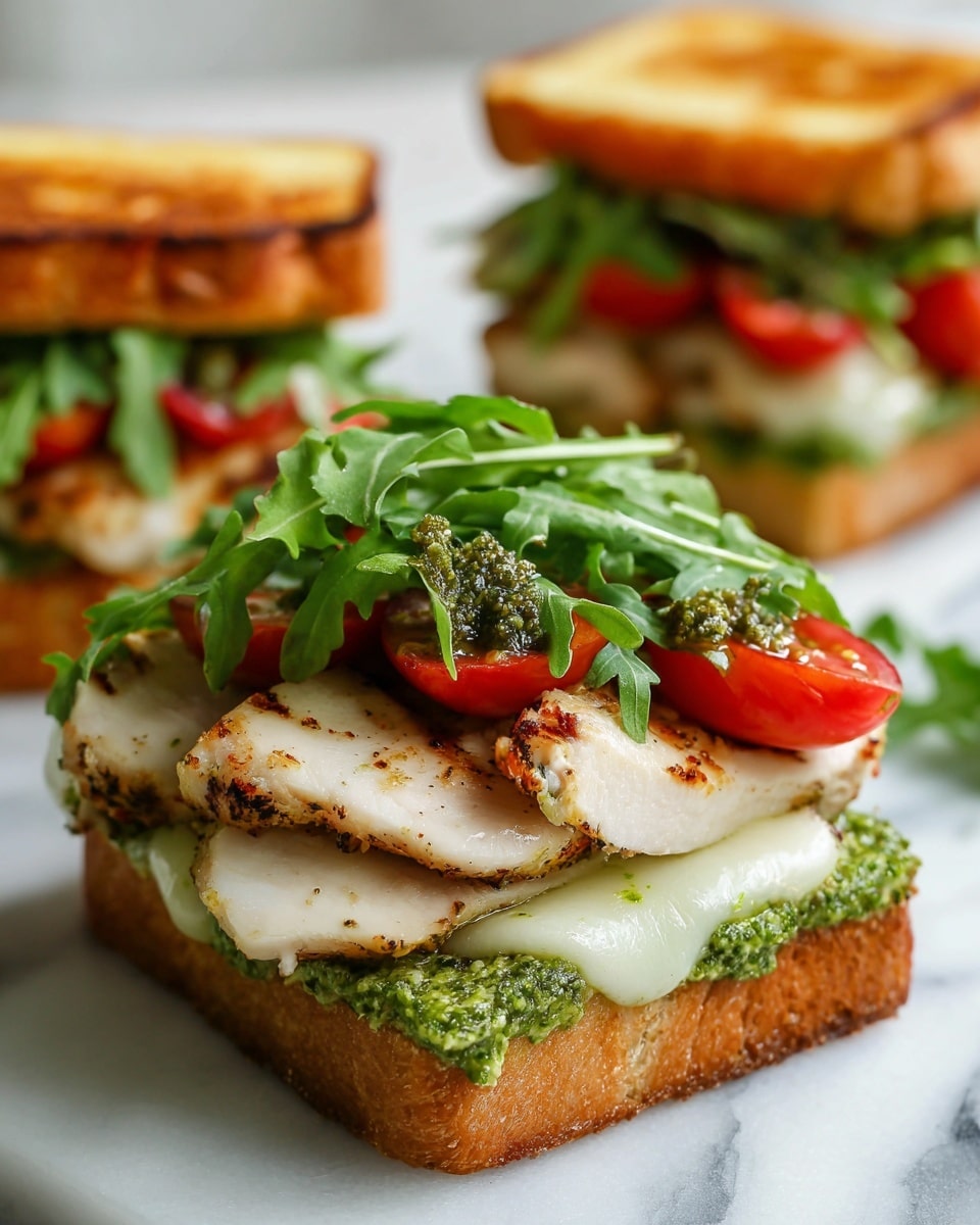 The image shows a sandwich with three main layers inside toasted bread with a golden-brown crispy crust. The bottom layer is a thick spread of green pesto with a textured, slightly chunky look. Above this is a layer of white grilled chicken breast, nicely seared with light brown grill marks, giving it a tender texture. On top of the chicken, there are bright red slices of tomato and fresh green arugula leaves adding a leafy texture. The top piece of bread is spread with more green pesto, complementing the sandwich's fresh look. The sandwich sits on a white marbled surface, and there are two more similar sandwiches blurred in the background. photo taken with an iphone --ar 4:5 --v 7