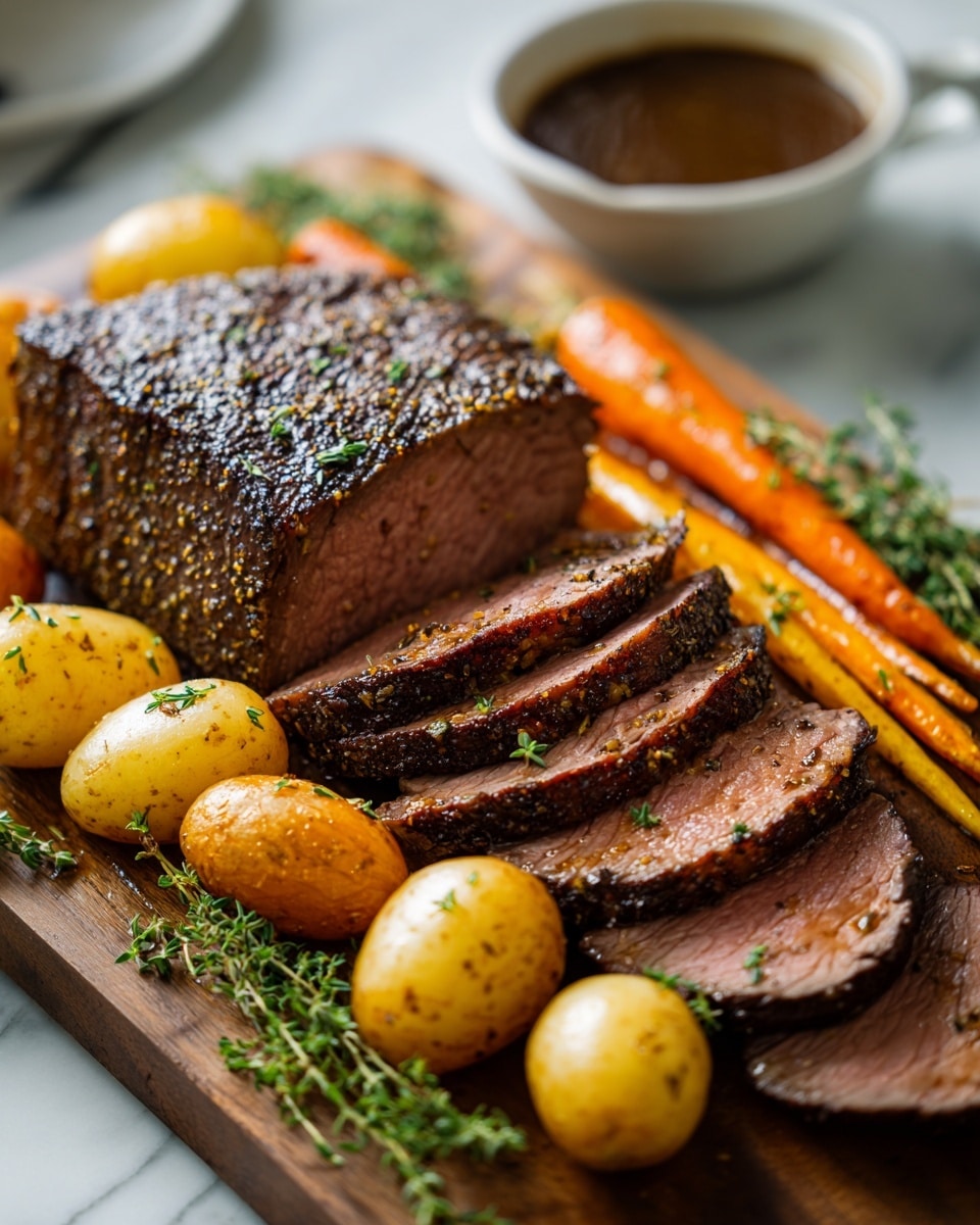 A juicy, sliced roast beef with a dark, caramelized crust and small bits of green herbs sprinkled on top is placed in the center on a wooden board. Surrounding the beef are layers of golden small potatoes and bright orange and yellow carrots, all glistening with a light shine of oil or butter and dotted with small herb bits. Fresh green sprigs of thyme lay beside the vegetables at the bottom right corner. In the background, a blurred bowl of dark brown sauce and garlic bulbs add depth, with a white marbled texture beneath the board. photo taken with an iphone --ar 4:5 --v 7
