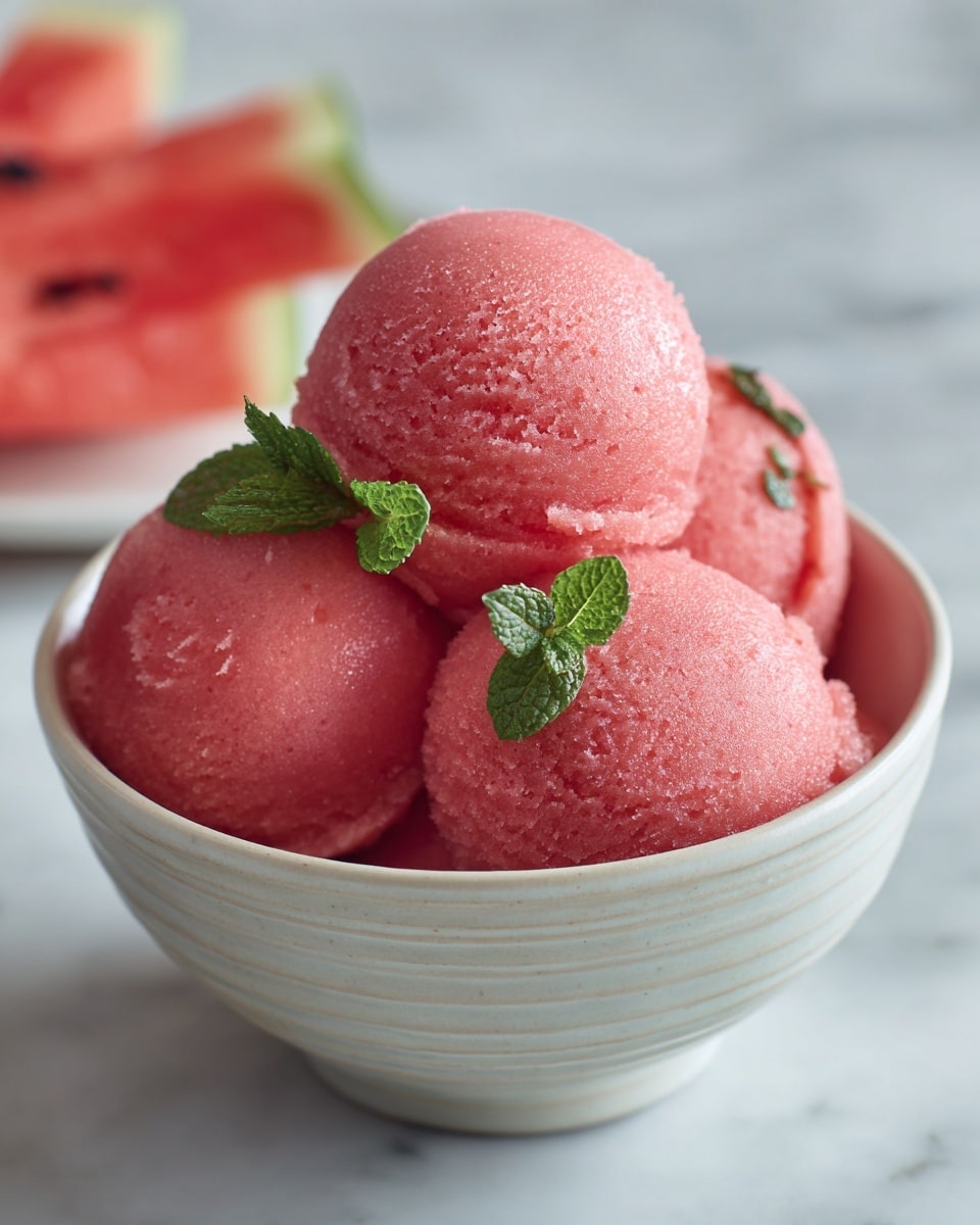 A white bowl filled with four scoops of smooth, pink watermelon ice cream stacked closely together. The ice cream looks creamy with small round lines showing the texture of the scoops. On top, there is a small green mint leaf as a fresh garnish. In the background, there are blurred slices of watermelon adding a soft red and green color contrast. The bowl sits on a white marbled surface, enhancing the fresh and cool look of the dessert. photo taken with an iphone --ar 4:5 --v 7
