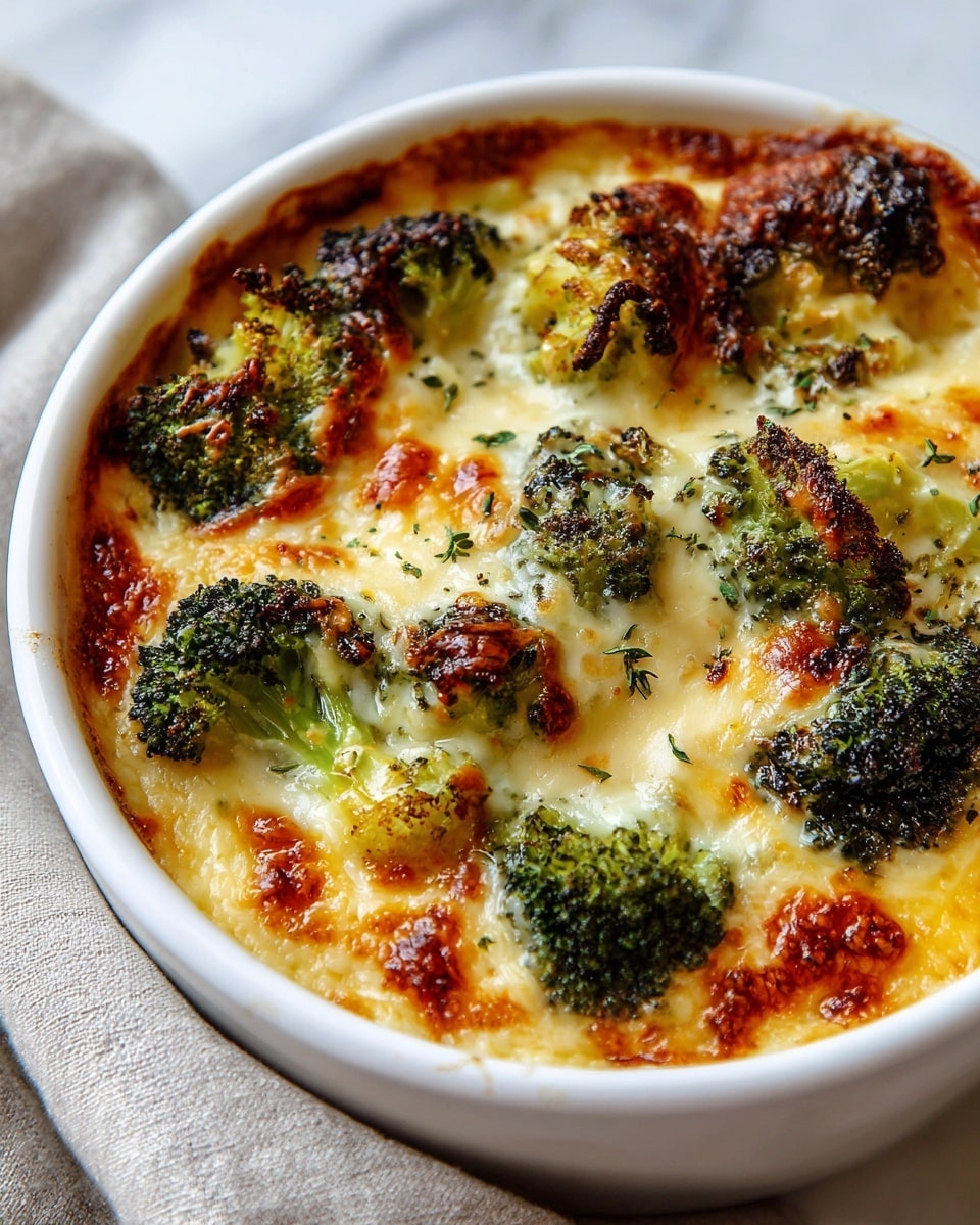 A baked broccoli casserole is pictured inside a white oval dish, showing three main layers. The bottom layer is not visible but holds the casserole together. The middle layer is made up of green broccoli florets, some peeping through the top cheese layer. The top layer is a golden brown melted cheese with a bubbly and slightly crispy texture, mixed with bits of green herbs sprinkled over it. The dish rests on a white marbled surface with a textured gray cloth nearby, adding a cozy, home-cooked feel. photo taken with an iphone --ar 4:5 --v 7