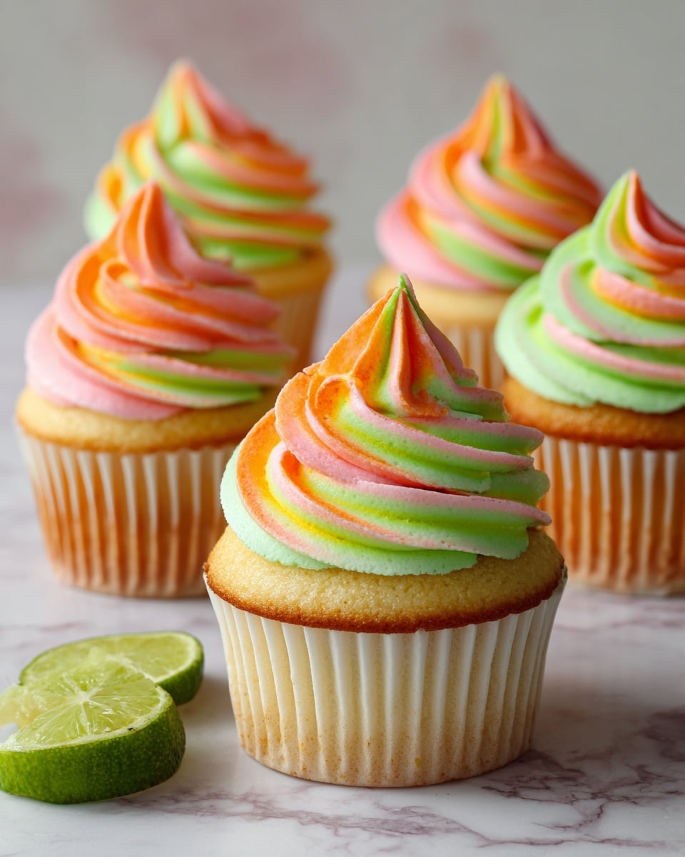 This image shows several vanilla cupcakes with two layers; the base layer is a light yellow cake visible through a white cupcake liner with faint orange vertical stripes. On top of the cake is a thick swirl of frosting made from three colors merged together: pink, green, and orange, creating a soft textured pattern that spirals upwards to a small, pointed peak. The cupcakes are arranged on a white marbled surface with a sliced lime in the foreground, adding a touch of green contrast. Photo taken with an iphone --ar 4:5 --v 7