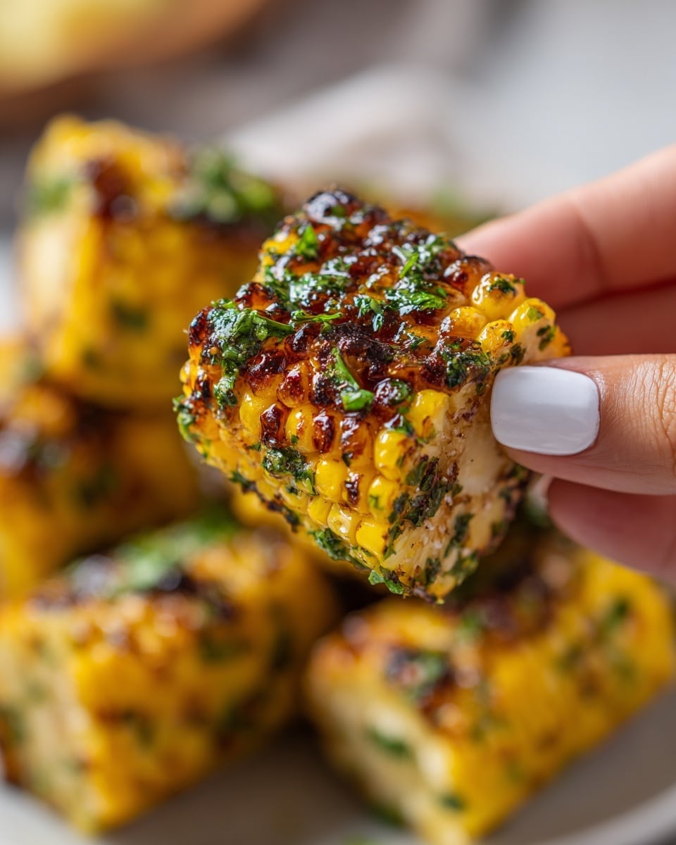 The image shows a close-up of a piece of grilled corn held between a woman's thumb and forefinger. The corn is yellow with a glossy, dark brown sauce coating that looks sticky and shiny. Small bits of green herbs are sprinkled on the corn, adding texture and color contrast. The background is a white marbled texture, and the lighting highlights the juicy, caramelized layers of the corn kernels. photo taken with an iphone --ar 4:5 --v 7