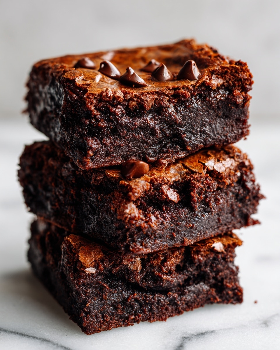 A close-up view of three stacked chocolate brownies with a rich, dark brown color and a moist, crumbly texture. The top layer has a slightly cracked surface with scattered chocolate chips that add a bit of shine and texture. The middle brownie shows a dense and fudgy inside with visible crumbs and melted chocolate patches. All brownies are perfectly squared and piled on top of each other, set against a white marbled textured background. Photo taken with an iphone --ar 4:5 --v 7