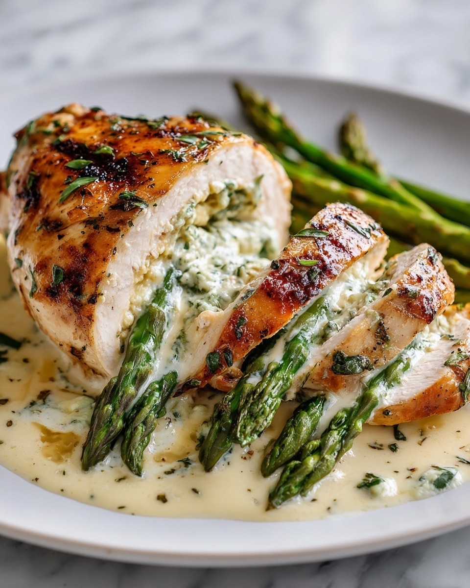 A stuffed chicken breast roll is on a white plate with a white marbled surface background. The chicken is browned with grill marks, and it is stuffed with melted white cheese and green asparagus spears sticking out from one end. The chicken roll is seasoned with black pepper and herbs on top. Next to the chicken is a few extra cooked asparagus spears, bright green in color and slightly shiny. The whole plate appears glossy with some juices around the chicken. photo taken with an iphone --ar 4:5 --v 7