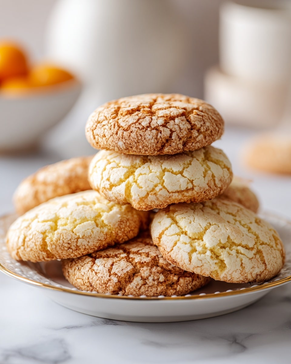 Six cracked textured cookies with a golden-brown top layer and a light beige crust are stacked loosely on a white plate with a subtle gold rim, placed on a white marbled surface. The cookies are elongated and slightly domed, showing a rough, cracked pattern across their surface that suggests a crisp outside and soft inside. In the background, a blurred white bowl with orange fruits is visible, alongside a white container, both resting on the same white marbled surface. The lighting is soft and natural, coming from the left side, emphasizing the texture and warm tones of the cookies. photo taken with an iphone --ar 4:5 --v 7