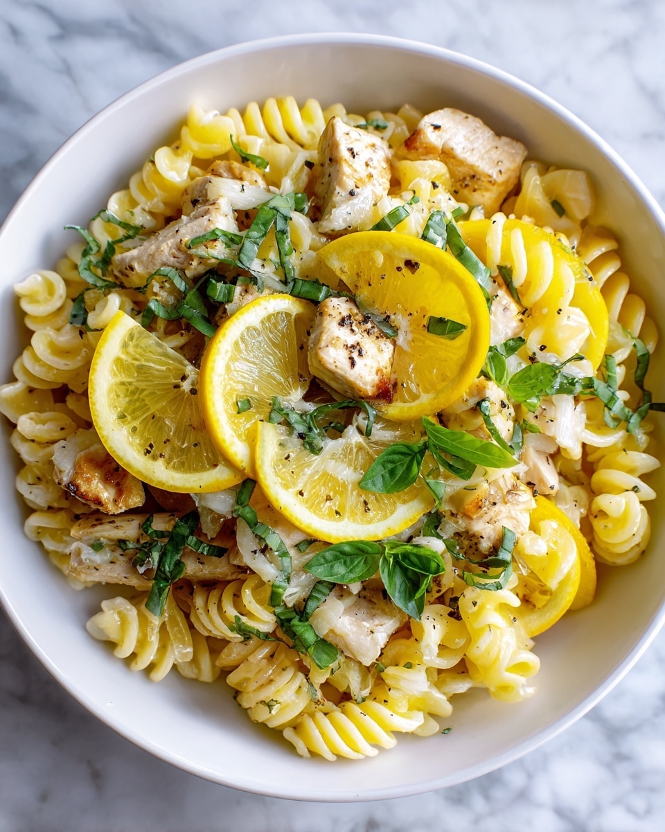 A white plate holds a dish with three main layers, the base layer is bright pale yellow twisted rotini pasta, cooked and slightly shiny. On top of the pasta, there are uneven small pieces of cooked white chicken, some with light brown edges. Thin lemon slices with a transparent, juicy yellow color and visible segments are scattered evenly over the dish. The whole meal is sprinkled with chopped dark green basil leaves and tiny black pepper bits. A few whole basil leaves add a fresh touch near the center. The background is a white marbled texture. Photo taken with an iphone --ar 4:5 --v 7