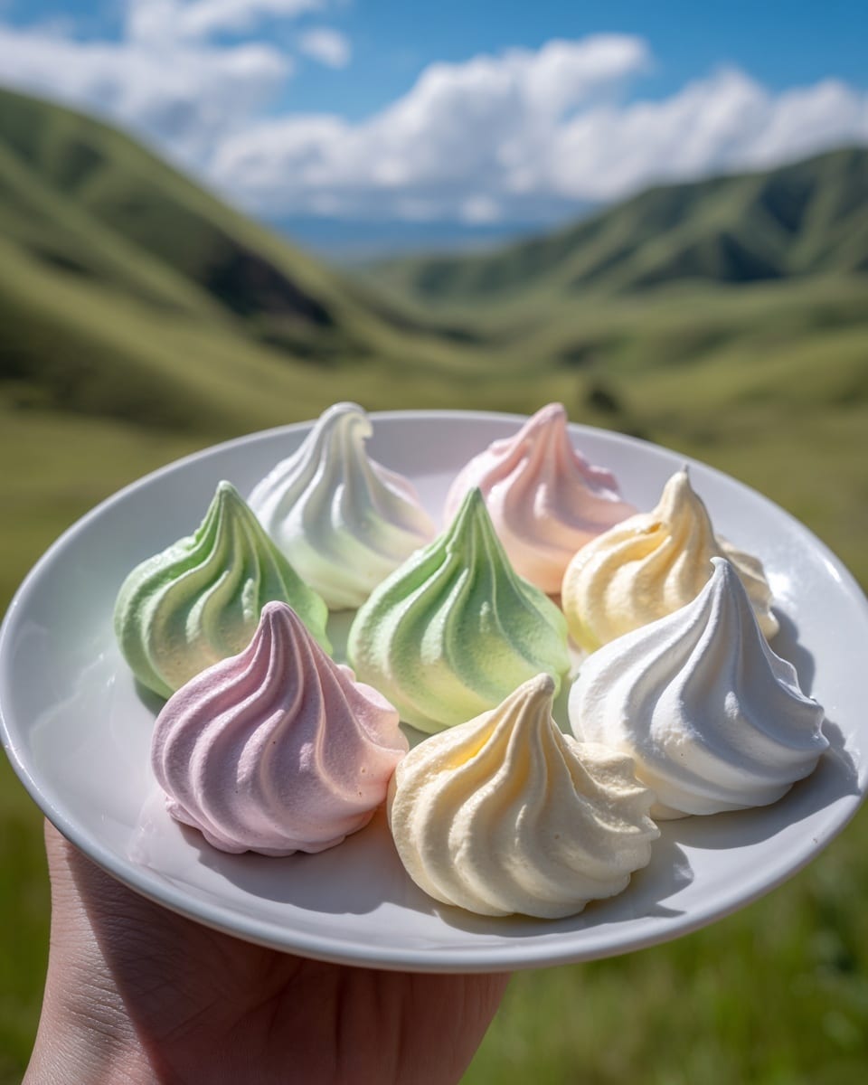 A white plate held by a woman's hand shows seven small meringue cookies arranged close to each other. Each meringue has a smooth, swirled texture with a pointed peak on top. The colors vary in pastel shades, including soft pink, light green, pale yellow, and creamy white. The plate is held outdoors against a distant background of green hills and blue sky with clouds. The image has bright natural light making the colors look fresh and soft. photo taken with an iphone --ar 4:5 --v 7