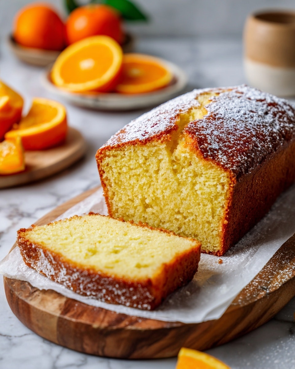 A golden-yellow loaf cake with a slightly crisp, caramel-brown crust sits on white parchment paper atop a round wooden board. One thick slice is cut from the loaf and placed in front, showing a moist, soft crumb texture that is light yellow inside. The top of the cake has a dusting of fine white powdered sugar. In the background, there are blurred orange slices and a whole orange, set against a white marbled surface. The scene gives a fresh and inviting look. Photo taken with an iphone --ar 4:5 --v 7