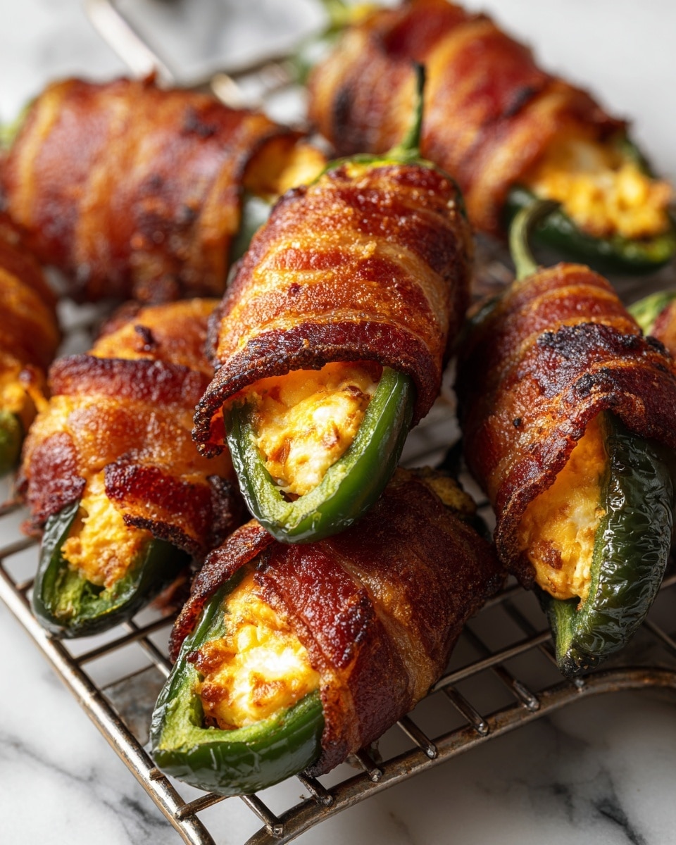The image shows a close-up view of several jalapeno peppers wrapped in crispy, golden-brown bacon, resting on a metal cooling rack. Each jalapeno is sliced open and filled with a creamy, yellowish cheese filling that is slightly melting and bubbling out of the pepper. The bacon is cooked to a perfect crisp with a rich, deep brown color and some darker charred spots, tightly wrapped around the cheese-stuffed jalapeno, covering it completely except for the open cheese-filled end. In the background, there are whole green jalapenos that add a fresh contrast. The setting features a white marbled surface beneath the cooling rack, creating a clean and bright environment for the dish. photo taken with an iphone --ar 4:5 --v 7