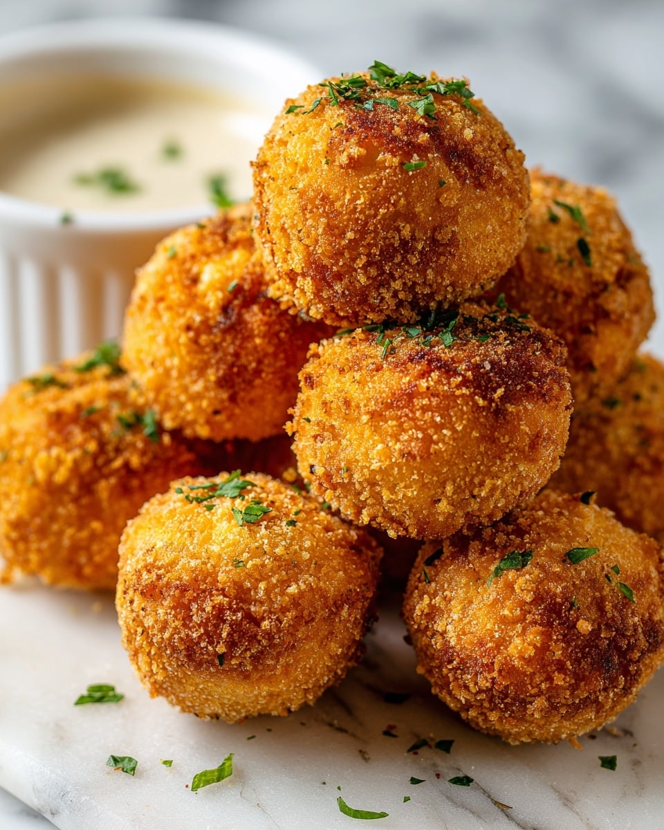 The image shows a close-up of several golden brown, round fried balls stacked together, each covered in a crispy breadcrumb coating with slight uneven textures giving a crunchy look. They are sprinkled with small green herbs on top, adding a fresh contrast to the warm colors. In the background, there is a white bowl with a smooth light-colored dipping sauce, slightly out of focus. The whole scene is set on a white marbled surface, enhancing the warm tones of the food. photo taken with an iphone --ar 4:5 --v 7
