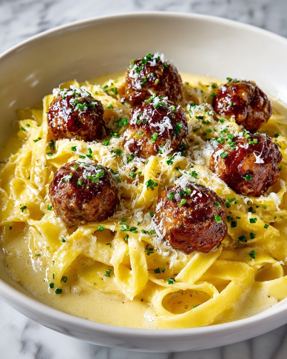 A close-up view of a bowl filled with creamy yellow pasta with wide, flat noodles at the bottom layer, topped by about eight brown meatballs with a shiny glaze, sprinkled generously with green chopped herbs and white grated cheese, all resting on a white marbled surface. The pasta looks smooth and coated with a rich sauce, while the meatballs have a textured, crispy exterior. Photo taken with an iphone --ar 4:5 --v 7