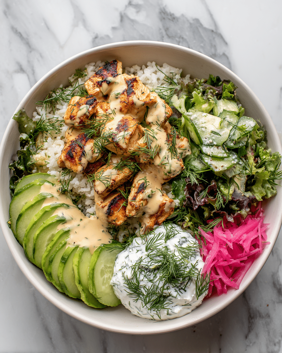The dish is presented in a deep white bowl placed on a white marbled surface. The bottom layer consists of fluffy white rice, partially visible beneath other ingredients. On one side of the bowl, there are thin, light green avocado slices fanned out smoothly. Next to the avocado, chunked grilled chicken with a golden-brown charred surface is piled up in the center, topped with a creamy beige sauce drizzled unevenly. To the side of the chicken, there is a scoop of thick white yogurt or sour cream sprinkled with fresh green dill. Around the edges, fresh, mixed leafy greens and light green cucumber slices add color contrast, with some chunks of white cheese scattered on top and a small pile of thin, bright pink pickled onions on the side. The whole bowl is lightly garnished with sprigs of green dill, adding texture and freshness. photo taken with an iphone --ar 4:5 --v 7