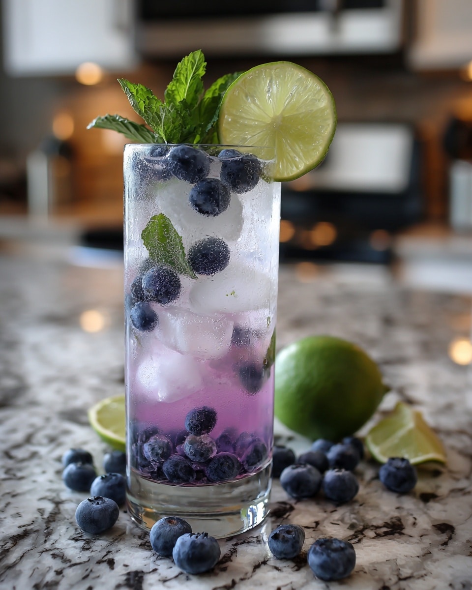 A tall clear glass filled with a light purple drink containing ice cubes and floating blueberries, topped with more blueberries, a round slice of lime, and a small sprig of green mint placed on the glass rim, set on a white marbled countertop in front of a blurred kitchen background. photo taken with an iphone --ar 4:5 --v 7