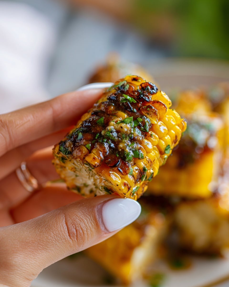 A close-up photo shows a woman's hand holding a small piece of grilled corn on the cob, coated with a shiny layer of dark brown sauce mixed with green herbs. The corn kernels are golden yellow with some darker grill marks. The woman's nails are painted white, and the background has a soft focus with more pieces of corn visible. The photo taken with an iphone --ar 4:5 --v 7