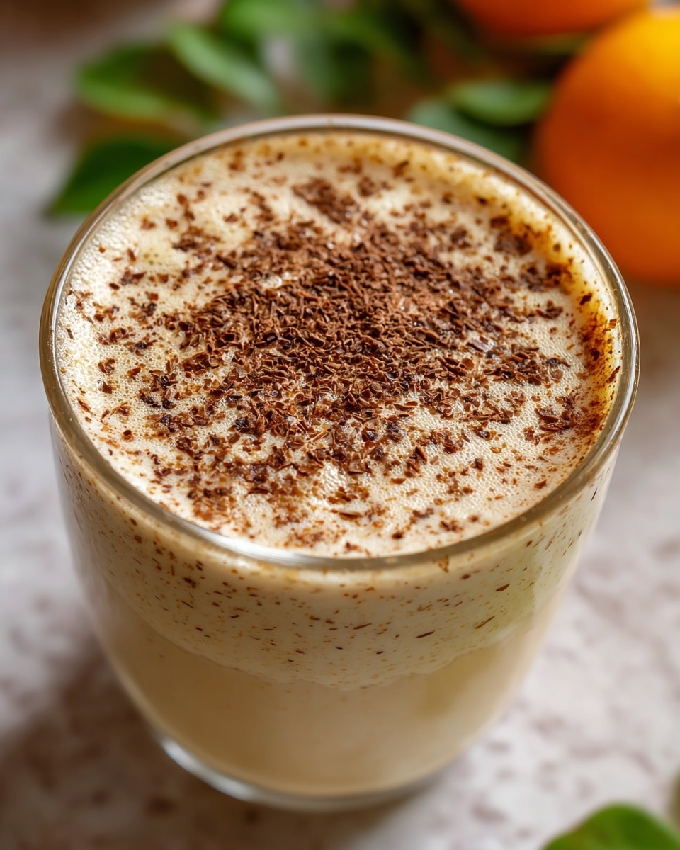 A close-up view of a creamy, light beige drink in a clear glass, filled nearly to the top with a smooth texture and tiny specks spread evenly throughout. The surface of the drink is dusted with a generous sprinkling of fine, dark brown spice bits, creating a speckled pattern across the top. The background shows a white marbled texture and some blurred green leaves and orange objects, adding a natural touch. The photo taken with an iphone --ar 4:5 --v 7