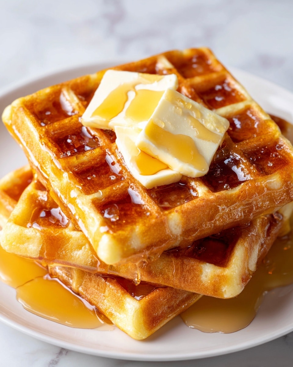 A close-up of three golden brown waffles stacked on a white plate, each waffle showing a grid texture filled with amber syrup. On the top waffle, there are two thick squares of pale yellow butter melting slightly with syrup dripping over them. The edges of the waffles are thick and fluffy, with syrup glistening on the sides. The whole scene is set against a white marbled surface. photo taken with an iphone --ar 4:5 --v 7