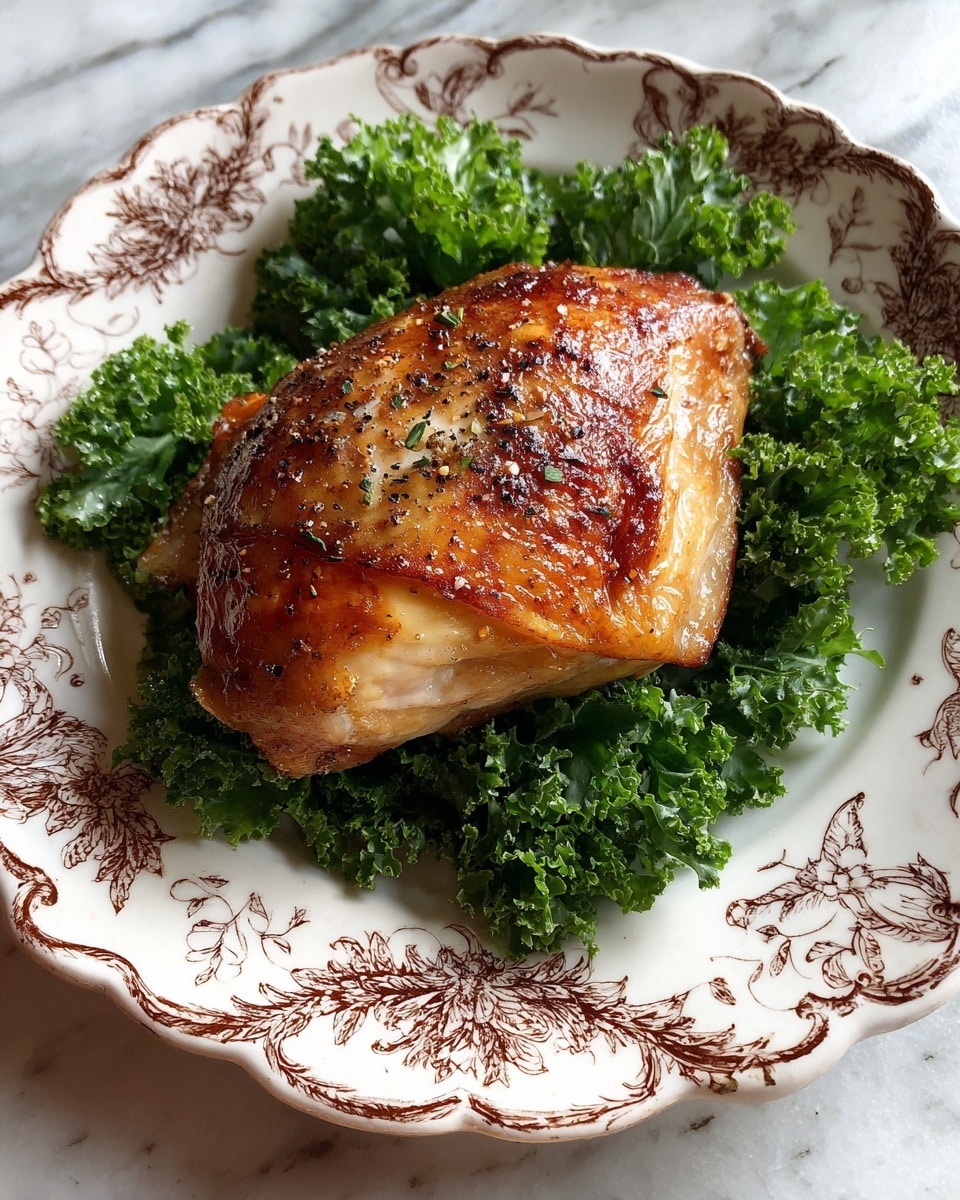 A single large piece of roasted chicken breast with crispy golden-brown skin sits in the center of an ornate white plate decorated with brown floral patterns, surrounded by a ring of fresh bright green curly kale leaves. The chicken skin shows a slight shimmer of oil and a sprinkle of black pepper. The plate rests on a white marbled surface. photo taken with an iphone --ar 4:5 --v 7