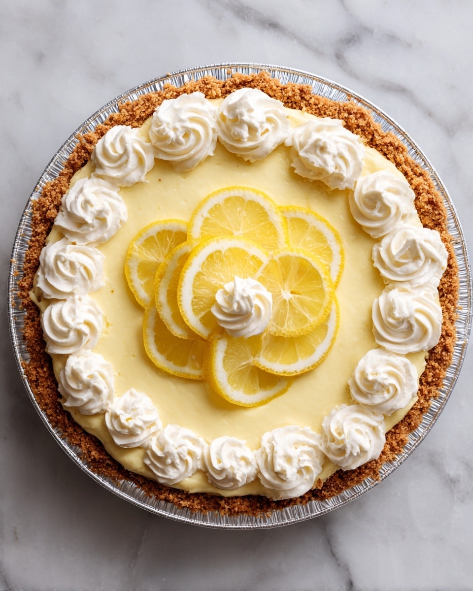 A lemon cream pie shown from above in a round aluminum pie tin with a brown crumb crust on the edges. The first layer is a smooth pale yellow cream filling that covers the whole pie. On top of the cream layer, around the edge, are white whipped cream swirls, evenly spaced. Inside the whipped cream ring, there is a circle of thin lemon slices with bright yellow peel, laying flat in an overlapping way, forming a ring near the center of the pie. The pie is placed on a white marbled surface. photo taken with an iphone --ar 4:5 --v 7