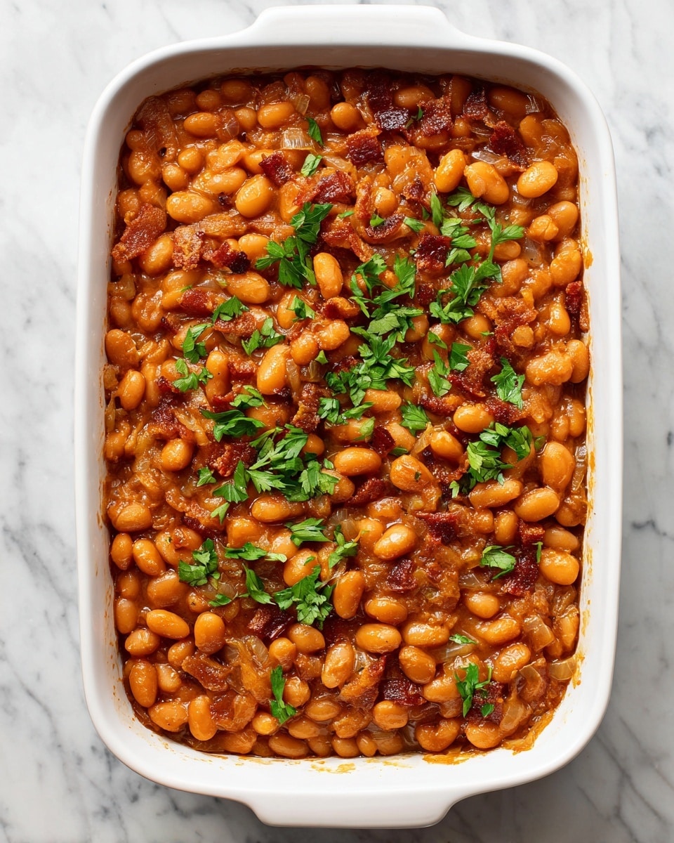 The image shows a white square baking dish filled with baked beans mixed with small crispy bacon pieces. The beans are golden brown, covered in a shiny sauce with visible bits of cooked onion. Scattered fresh green parsley leaves top the dish, adding contrast. The texture looks thick and hearty, with the beans and bacon evenly mixed. The dish sits on a white marbled surface. Photo taken with an iphone --ar 4:5 --v 7