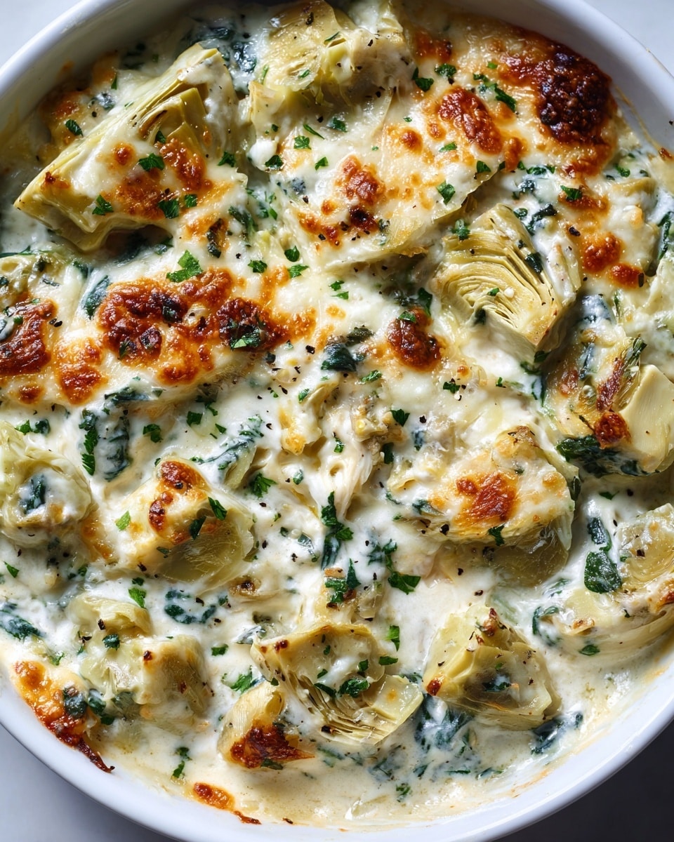 The image shows a baked dish in a white round bowl filled with layers of creamy sauce and artichoke hearts. The top layer is golden brown with crispy edges and melted cheese, speckled with green herbs. The artichoke pieces are pale green, soft but slightly firm, arranged unevenly throughout the creamy, white sauce that has small bits of spinach or herbs mixed in. The dish looks rich and textured with bubbling cheese and herbs visible on its surface. Photo taken with an iphone --ar 4:5 --v 7