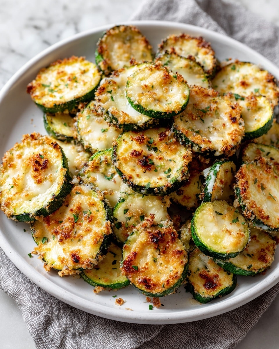 A white plate filled with about three layers of round zucchini slices that are lightly fried or baked until golden brown and crispy. Each slice has a green skin edge and a pale center covered with melted cheese or a golden breadcrumb and herb topping that shows some browned spots. The zucchini pieces overlap each other in a scattered, casual way, and the plate is set on a soft gray cloth over a white marbled surface. photo taken with an iphone --ar 4:5 --v 7