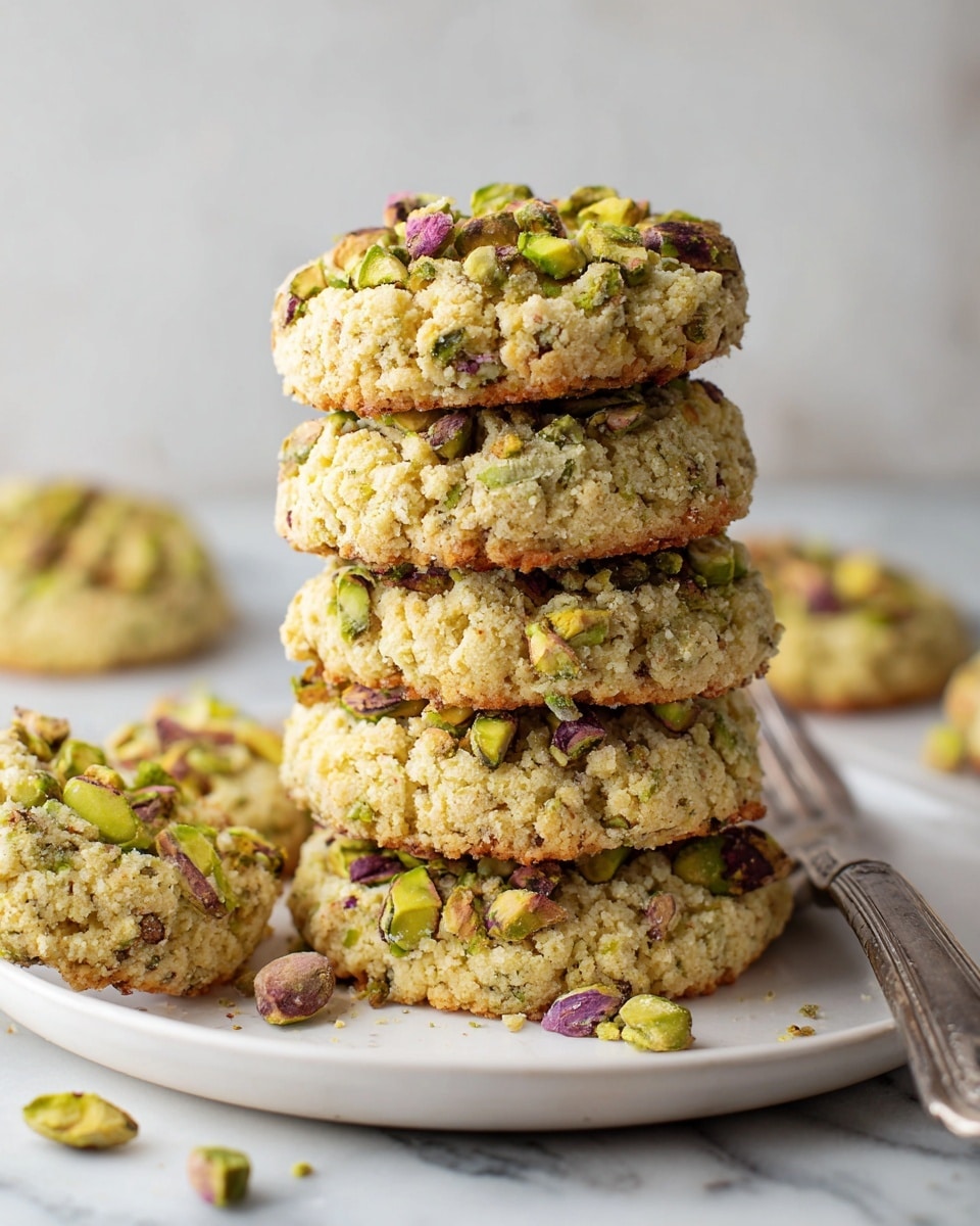 A stack of six round pistachio cookies is placed in the center of a white plate, with five more pistachio cookies scattered around it. Each cookie has a rough, crumbly texture in a light golden-brown color, generously topped with chunks of bright green and purple pistachio nuts. A few loose pistachio pieces are scattered on the plate and the white marbled surface underneath. The background shows a metallic fork resting on the right side, partially blurred, enhancing the focus on the cookies. photo taken with an iphone --ar 4:5 --v 7