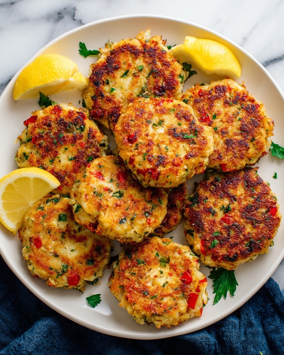 A white plate holds about eight golden-brown crab cakes, each roughly circular and slightly puffy, with a crispy texture showing bits of red and green pepper throughout. The crab cakes are garnished with small green parsley leaves scattered on top and around them. Behind them, two lemon halves add a bright yellow contrast. The plate is placed on a white marbled surface with a dark blue cloth partially visible at the edge. The crab cakes have a crunchy, fried exterior with a soft inside, and the lighting highlights their warm, appetizing colors. Photo taken with an iphone --ar 4:5 --v 7