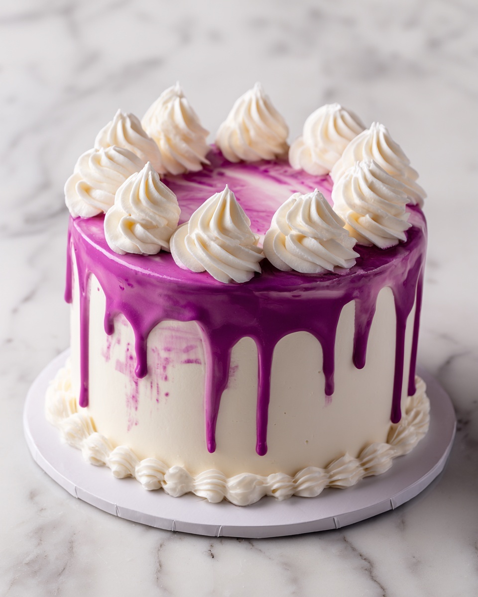 A round cake with a smooth white outer layer covered with bright purple glaze dripping down from the top edge in uneven streams. On top of the cake, there are seven large swirls of white cream evenly spaced around the center. The cake sits on a simple white base, placed on a white marbled surface. Photo taken with an iphone --ar 4:5 --v 7
