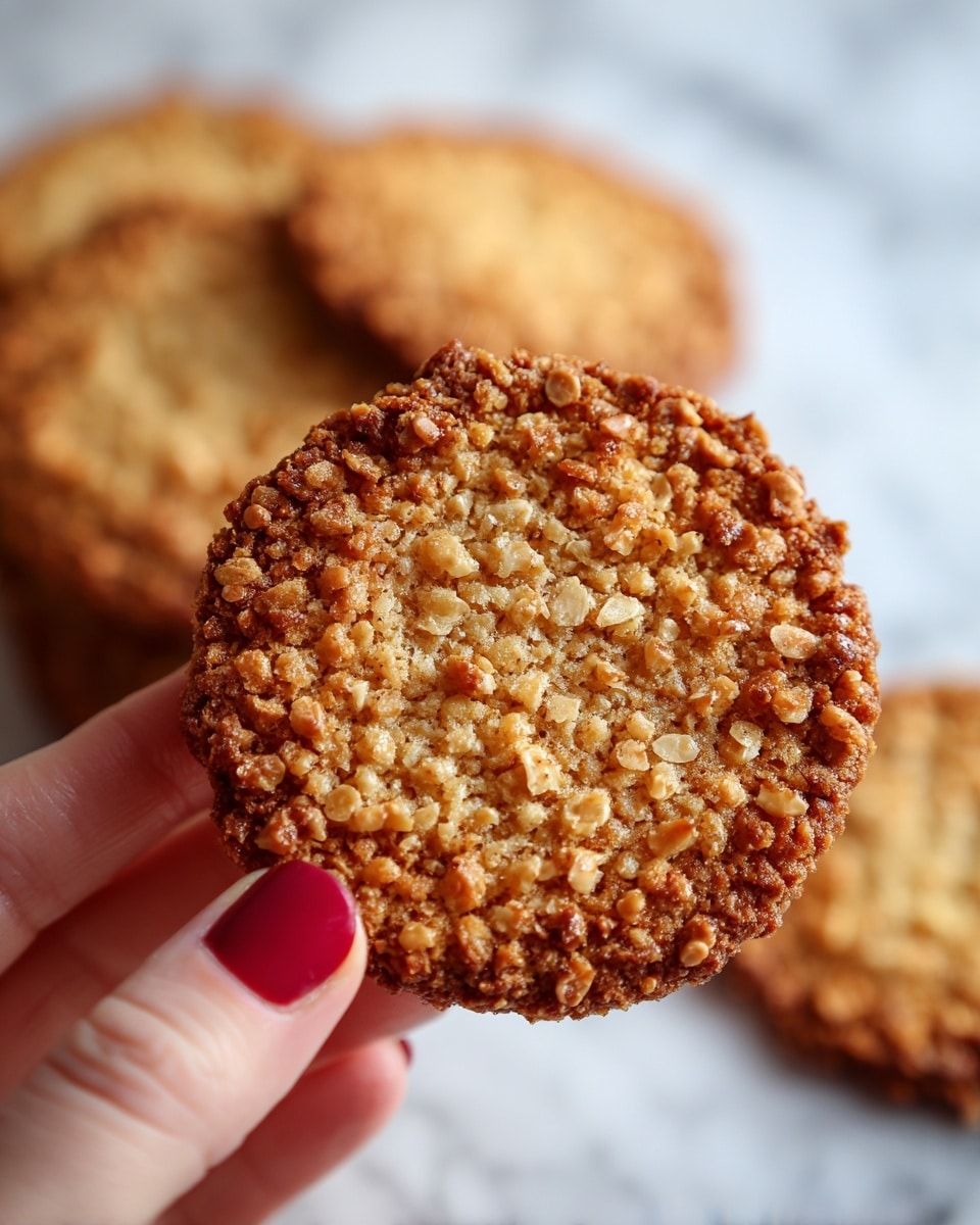A close-up view of a single golden-brown, crispy cookie held delicately by a woman's hand with bright red polished nails on a white marbled surface, with more cookies blurred in the background. The cookie is thin and has a rough, bumpy texture with visible small clusters and a slightly shiny surface that suggests a sugary, caramelized coating. Photo taken with an iphone --ar 4:5 --v 7