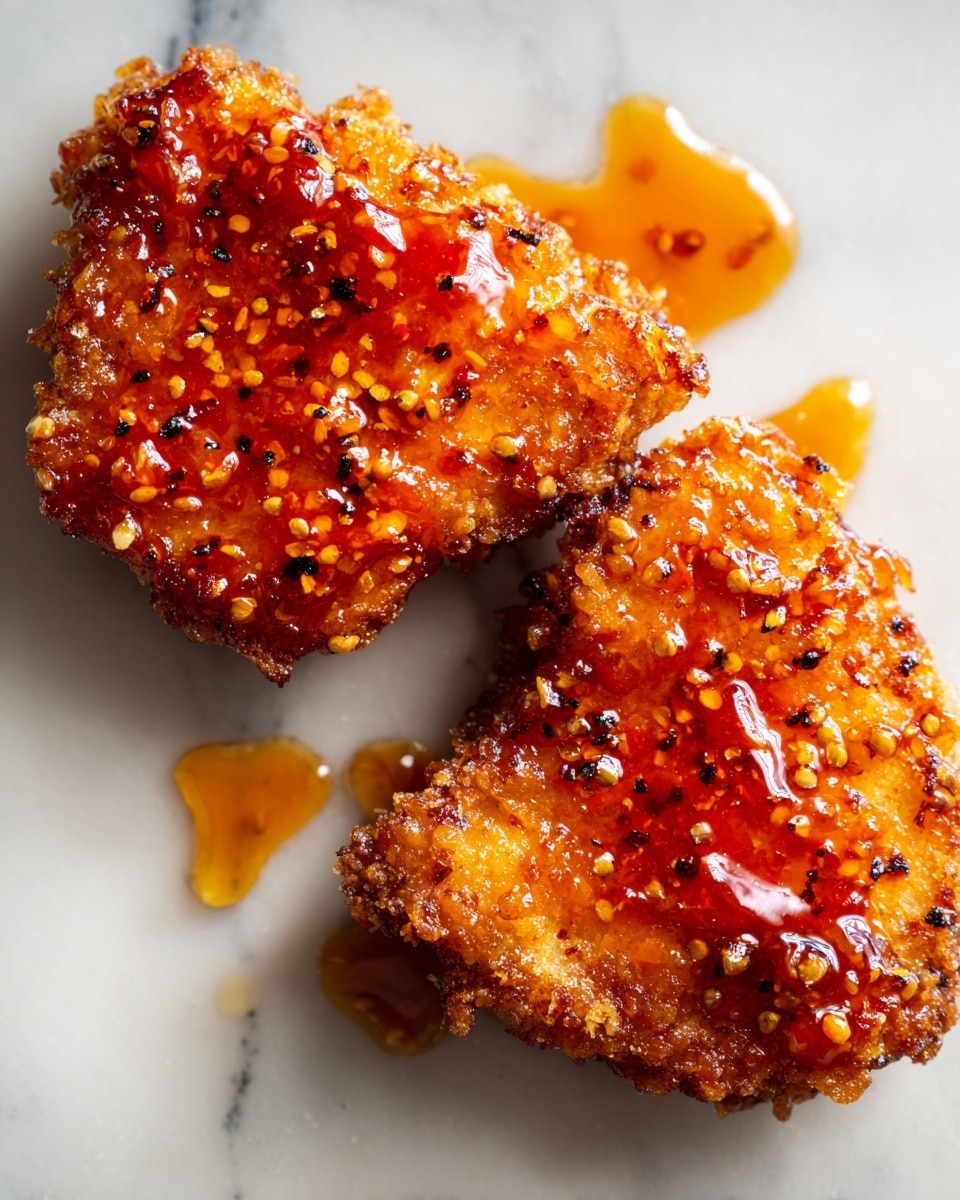 Two pieces of fried chicken with a crispy golden-brown crust are shown close up. Each piece is coated evenly with a shiny, sticky, orange glaze that has small red chili flakes and glistens under the light. The chicken sits on a smooth black surface. The texture of the crust is rough with tiny bumps and fried spots visible. There are drops of glossy sauce on and around the chicken, adding a wet, appetizing look. photo taken with an iphone --ar 4:5 --v 7