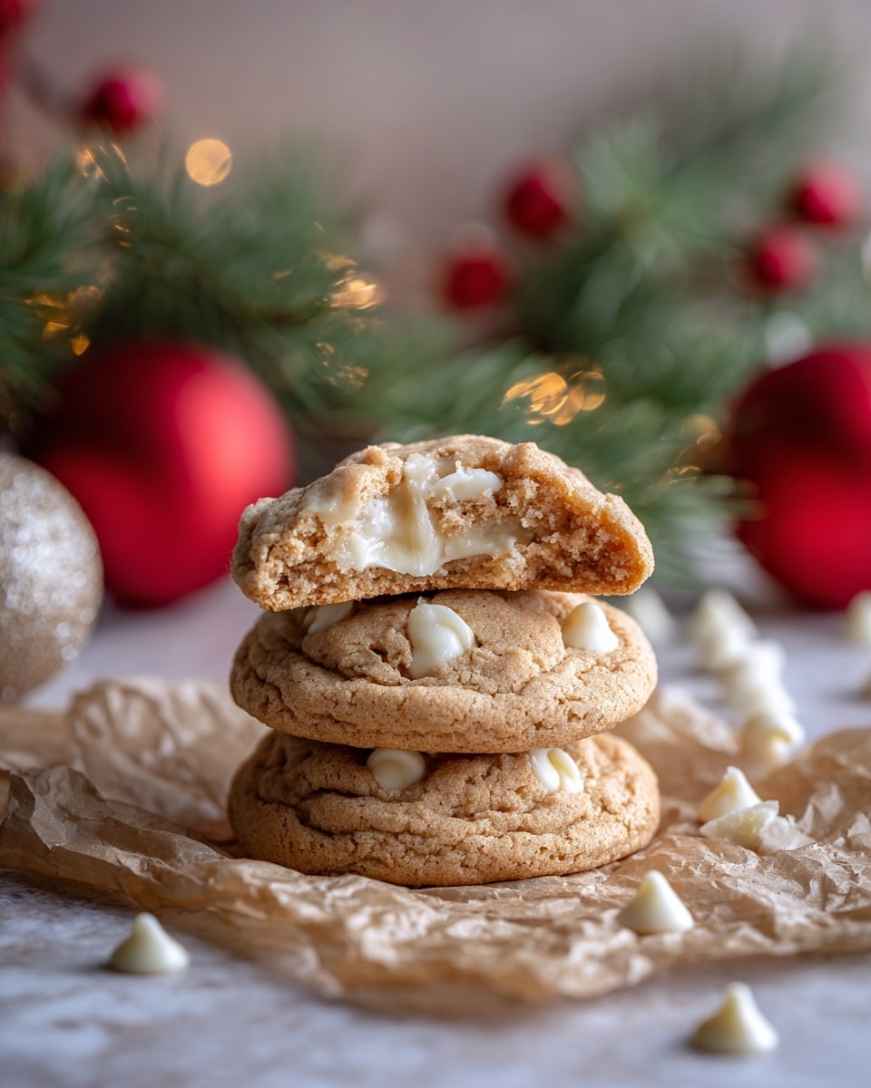 A stack of three soft brown cookies is placed on crinkled parchment paper over a white marbled surface, with one cookie on top broken in half showing a gooey white chocolate filling inside. The cookies have a slightly cracked texture and visible bits of white chocolate chips scattered on and around them. In the background, there are blurred green pine branches with red berries and festive ornaments, creating a cozy holiday atmosphere. Photo taken with an iphone --ar 4:5 --v 7
