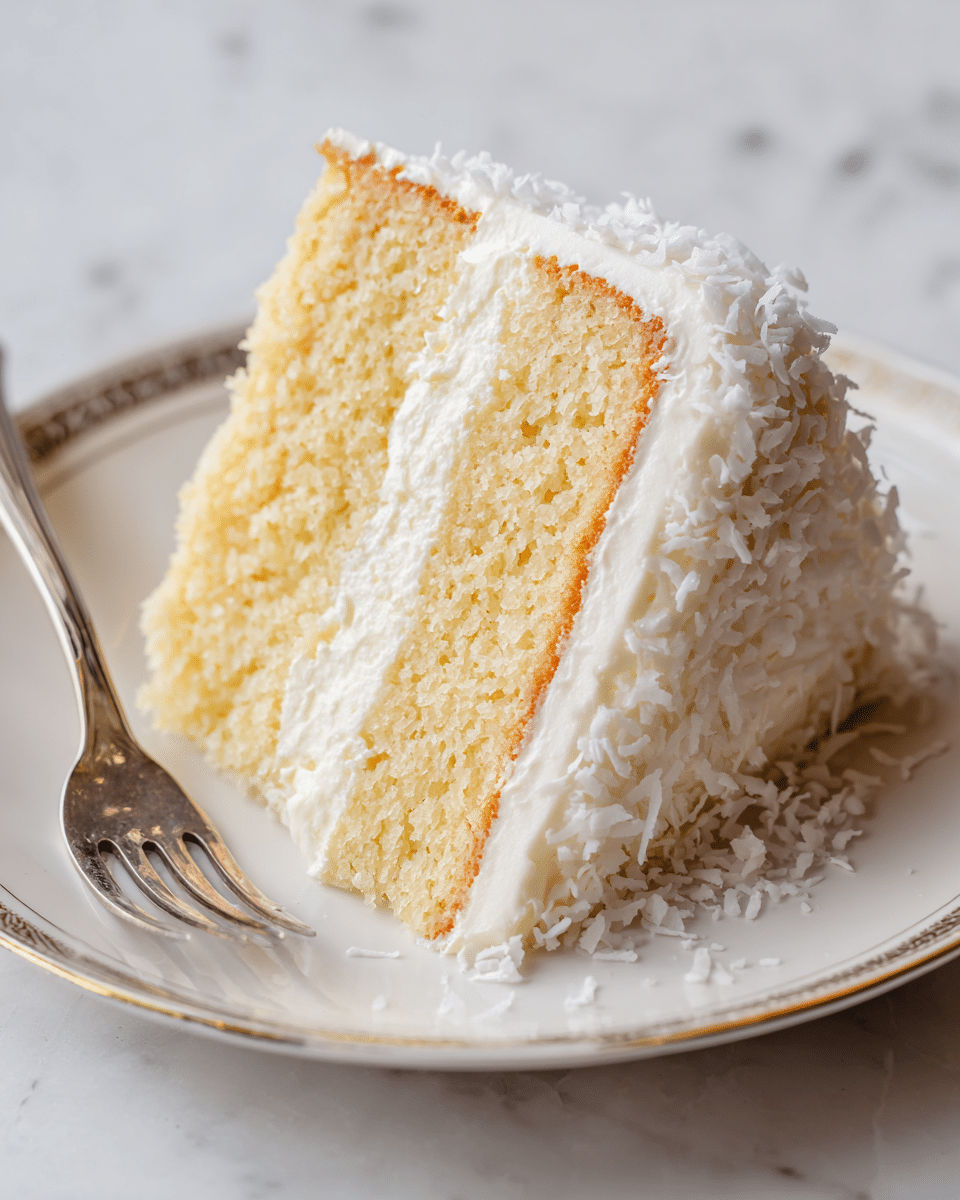A slice of white cake is shown on a white plate with a delicate gold rim, sitting on a white marbled surface. The cake has three layers: the bottom layer is soft and light golden sponge cake, the middle layer is thick and fluffy white cream, and the top layer is another soft golden sponge cake. The entire outside of the slice is covered in a thick, smooth white cream, with white shredded coconut sprinkled all over the top and sides, adding texture and softness. A silver fork lies beside the plate, ready to take a bite. photo taken with an iphone --ar 4:5 --v 7