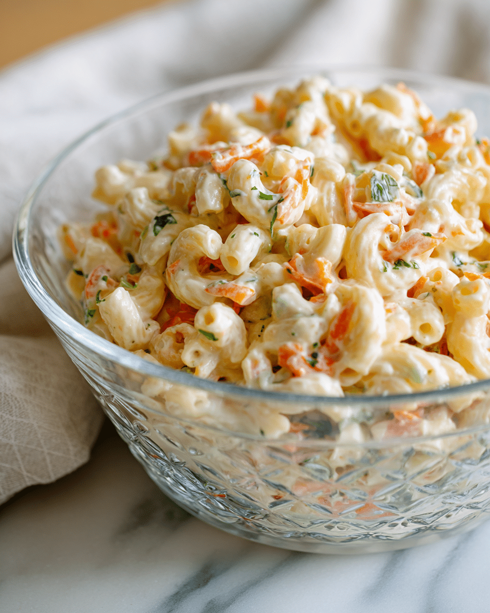 A clear glass bowl filled with creamy macaroni salad sits on a white marbled surface. The salad has one main layer of pale yellow elbow macaroni, mixed with small pieces of green herbs and bright orange carrot chunks, all coated in a smooth white dressing. The bowl shows the textured pattern on its outside, adding a delicate detail to the image. The background is softly blurred, keeping the focus on the fresh, creamy salad inside the bowl. photo taken with an iphone --ar 4:5 --v 7