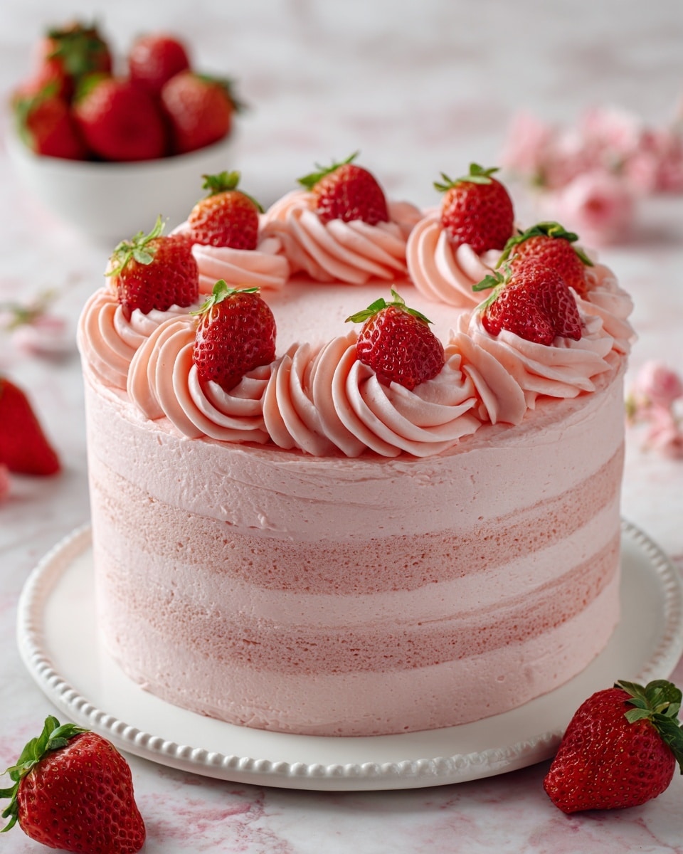 A round strawberry cake with four visible layers of pink sponge separated by light pink cream. The cake is fully covered with smooth pink frosting, decorated on top with swirled rosettes of the same frosting around the edge. Each rosette holds a half strawberry with bright red color and fresh texture. The cake sits on a white plate with a small decorative edging. The surface beneath is a white marbled texture scattered with fresh whole strawberries and a white small bowl filled with strawberries in the background. photo taken with an iphone --ar 4:5 --v 7